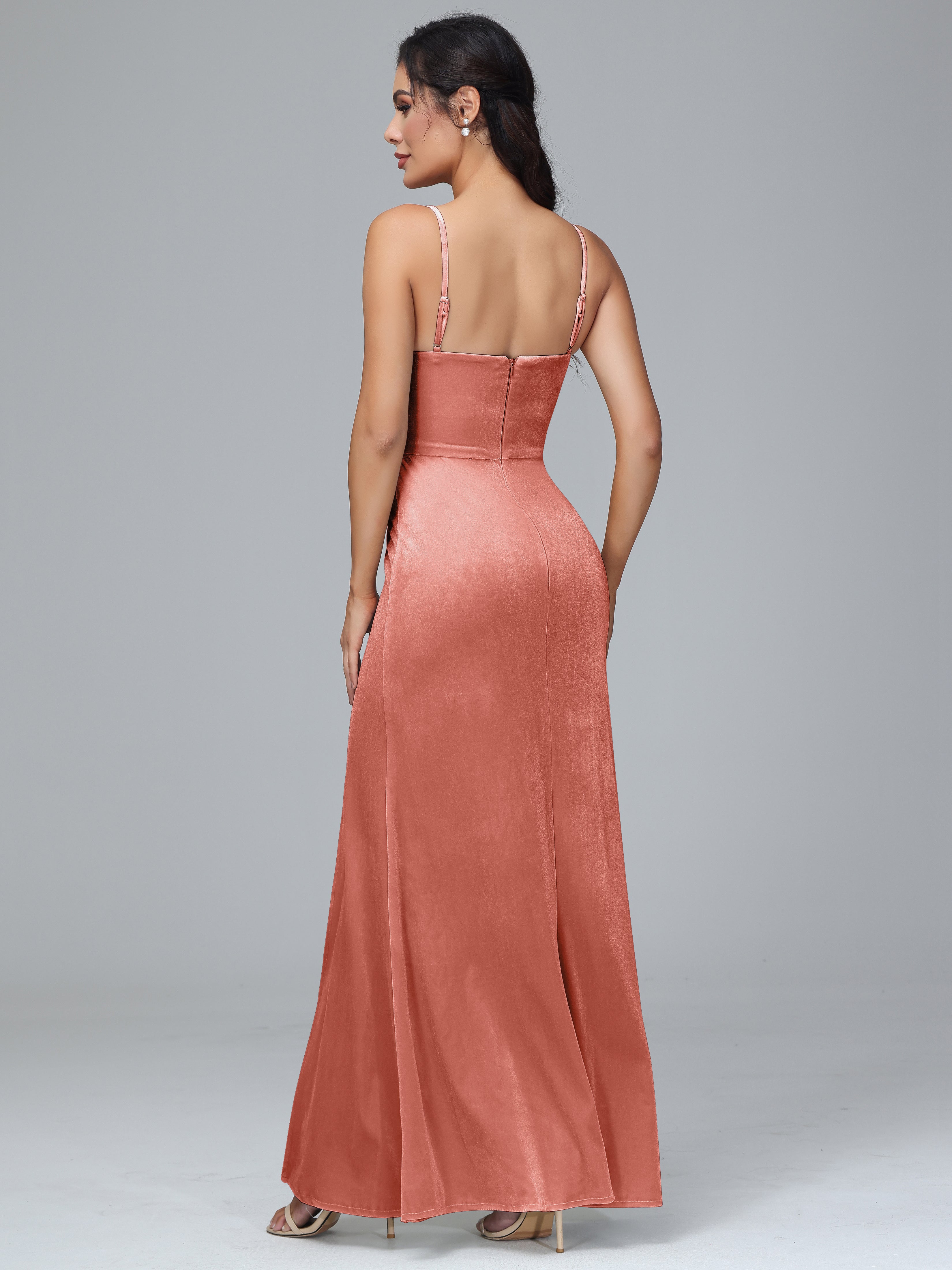 Spaghetti Straps Zipper Back Velvet Bridesmaid Dress With Slit