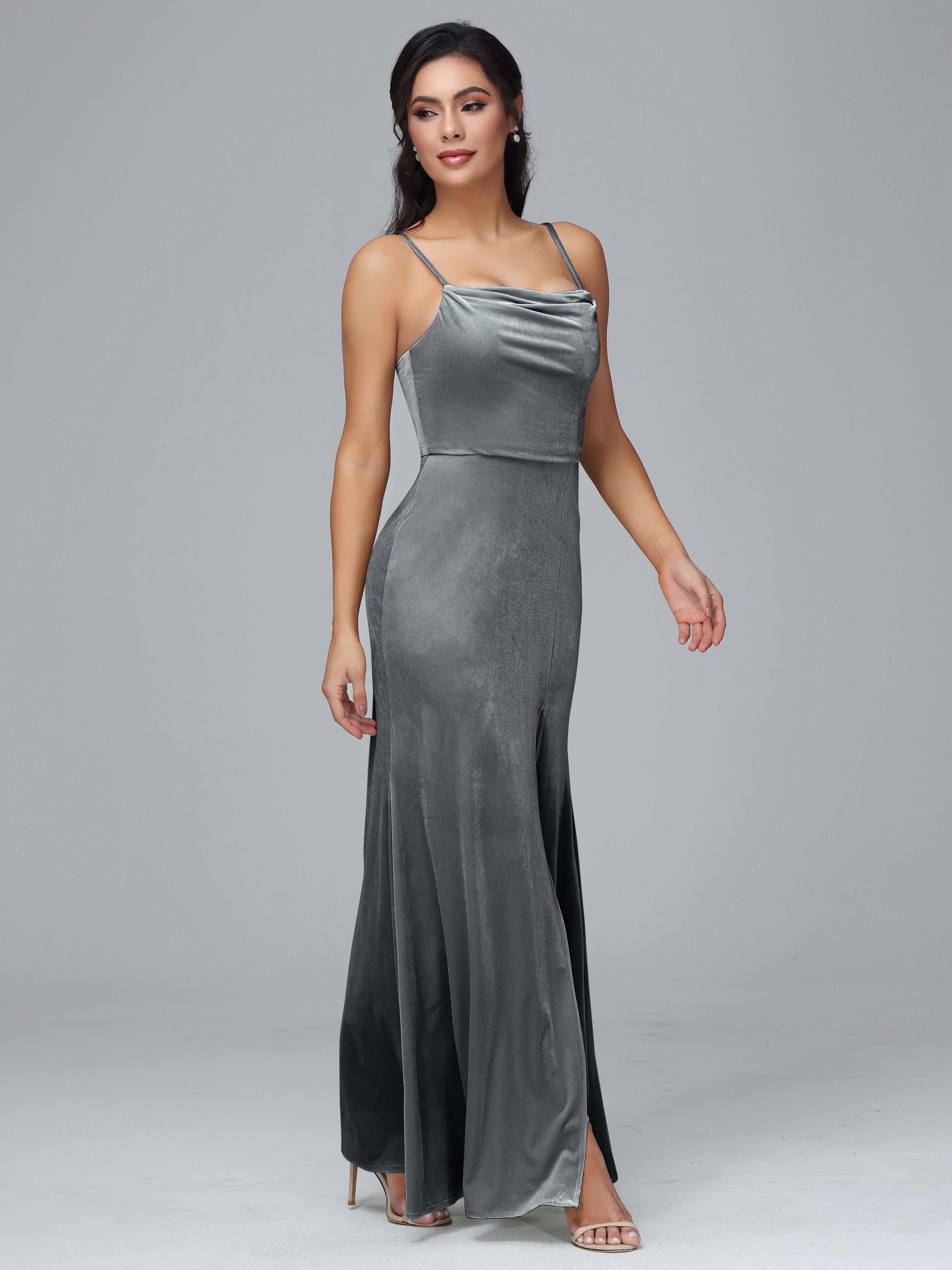 Spaghetti Straps Zipper Back Velvet Bridesmaid Dress With Slit