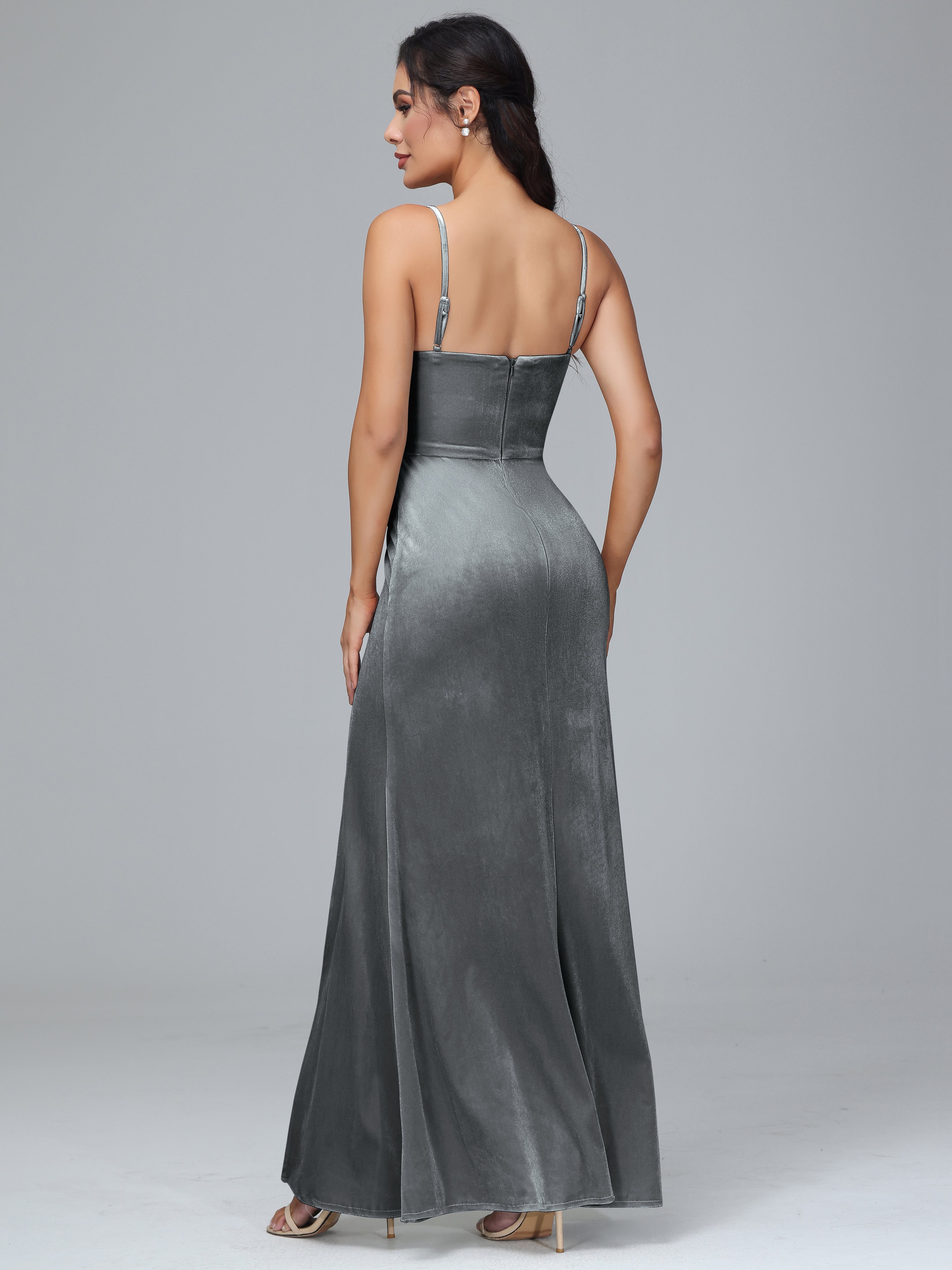 Spaghetti Straps Zipper Back Velvet Bridesmaid Dress With Slit