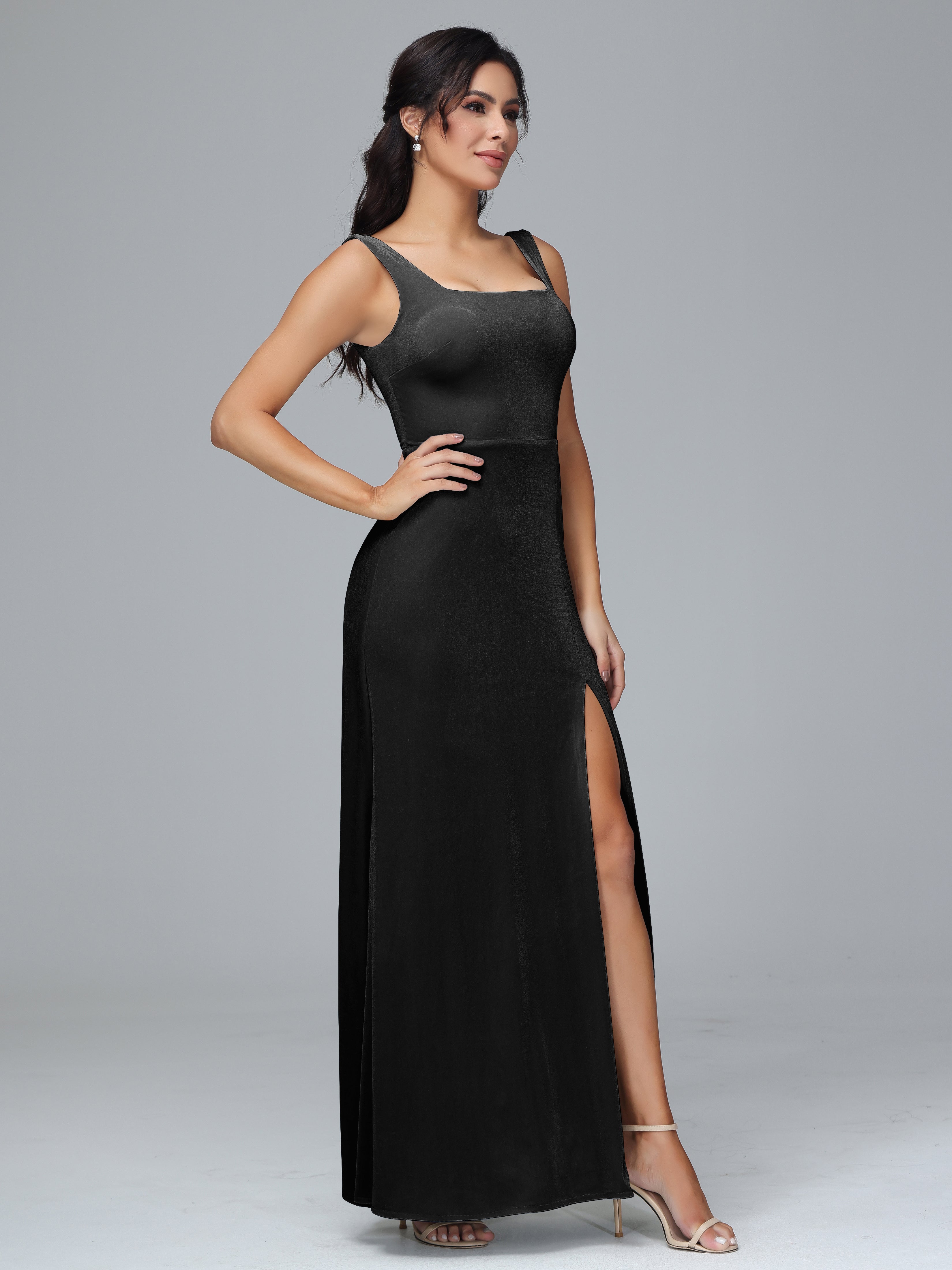 Square Neck Velvet Bridesmaid Dress With Slit