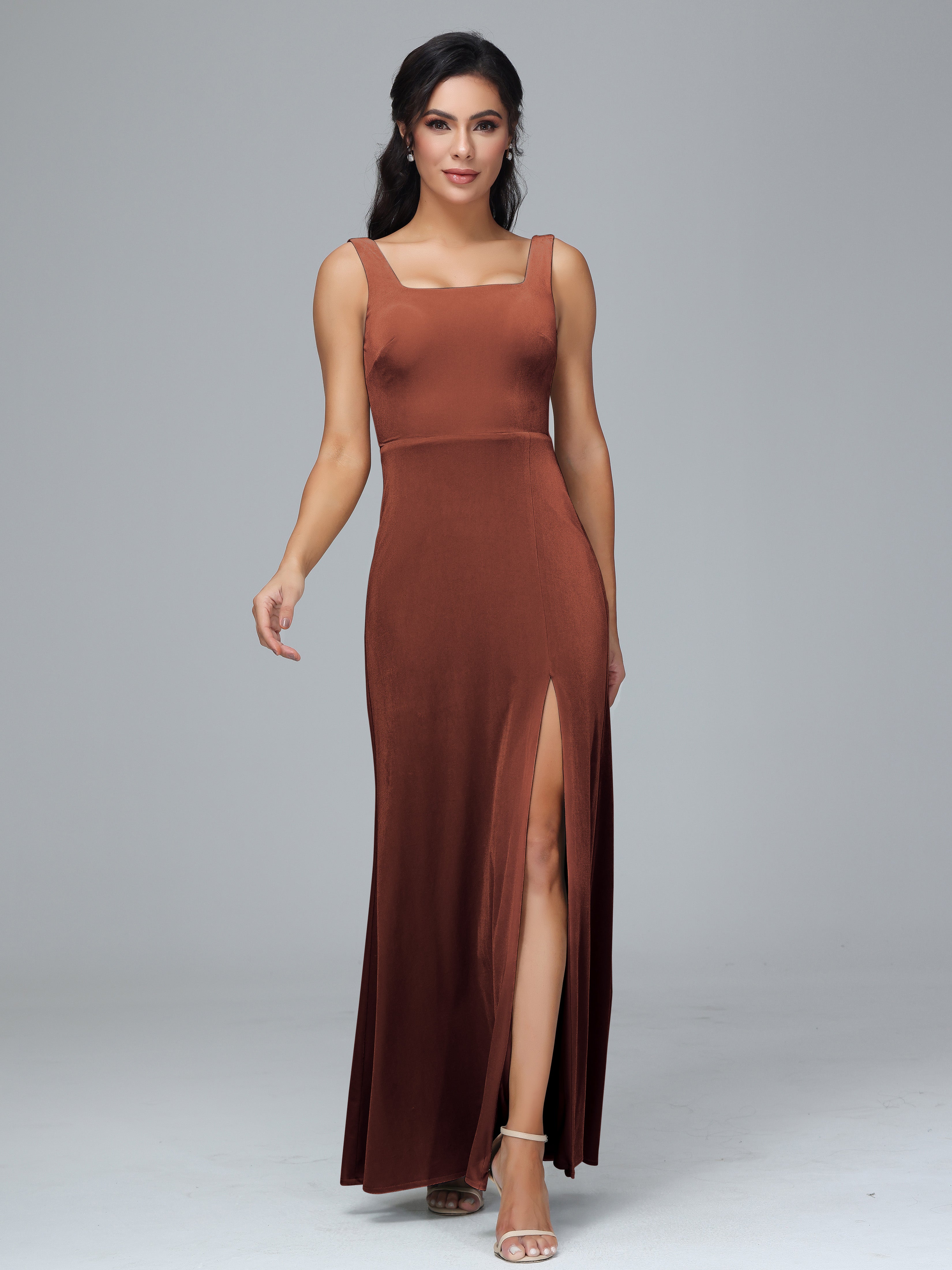 Square Neck Plus Size Velvet Bridesmaid Dress With Slit