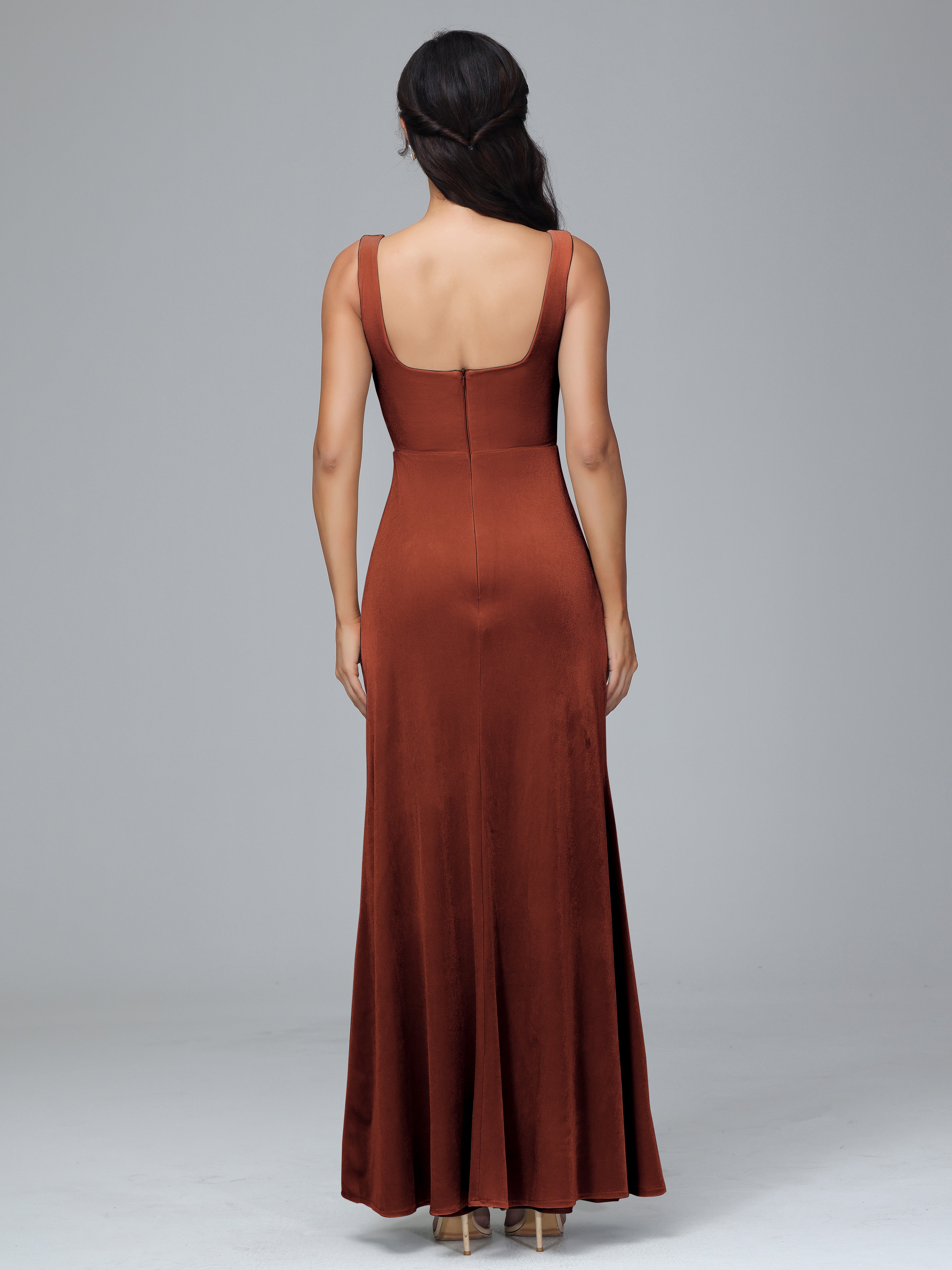 Square Neck Plus Size Velvet Bridesmaid Dress With Slit