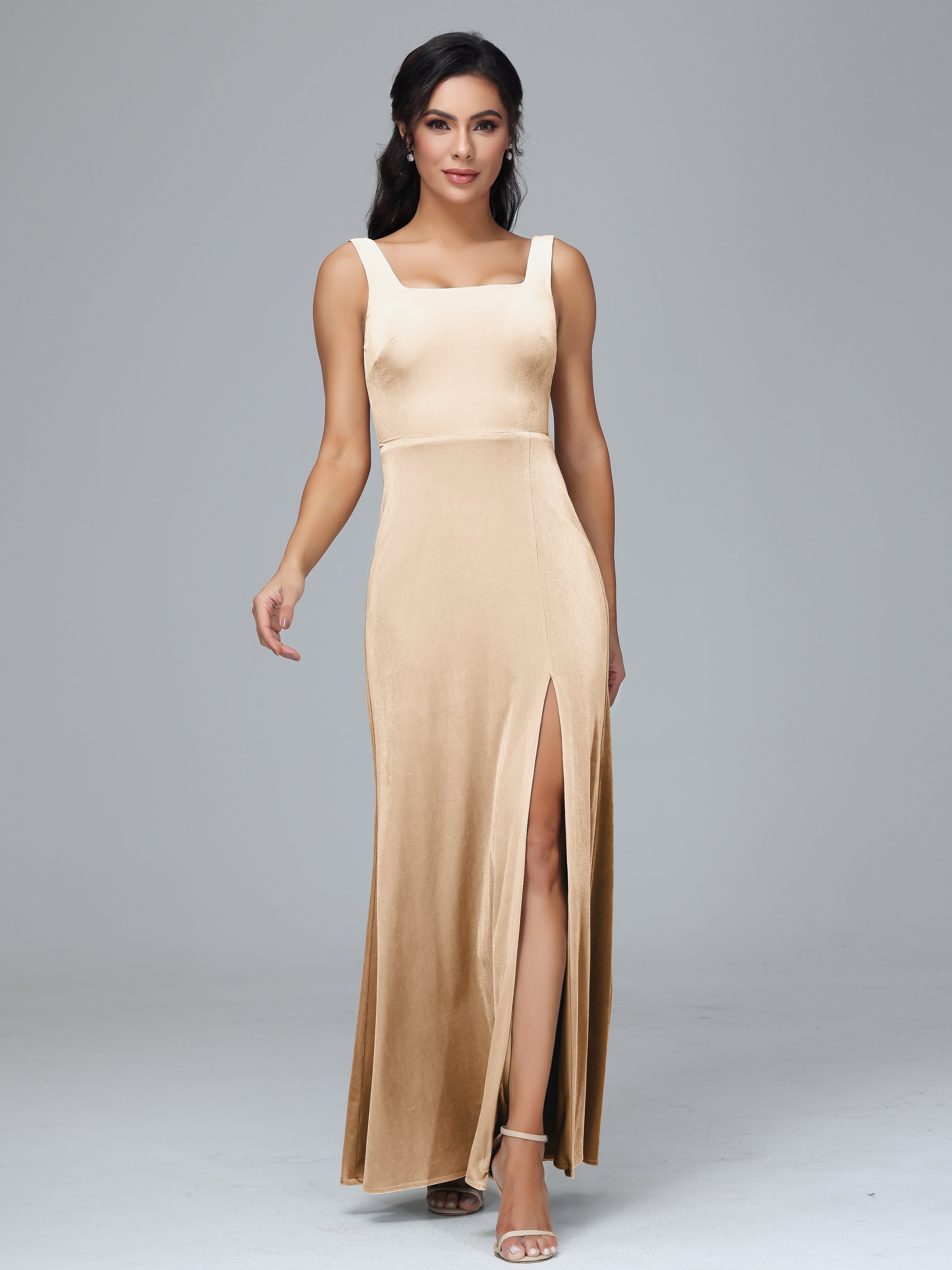 Square Neck Velvet Bridesmaid Dress With Slit