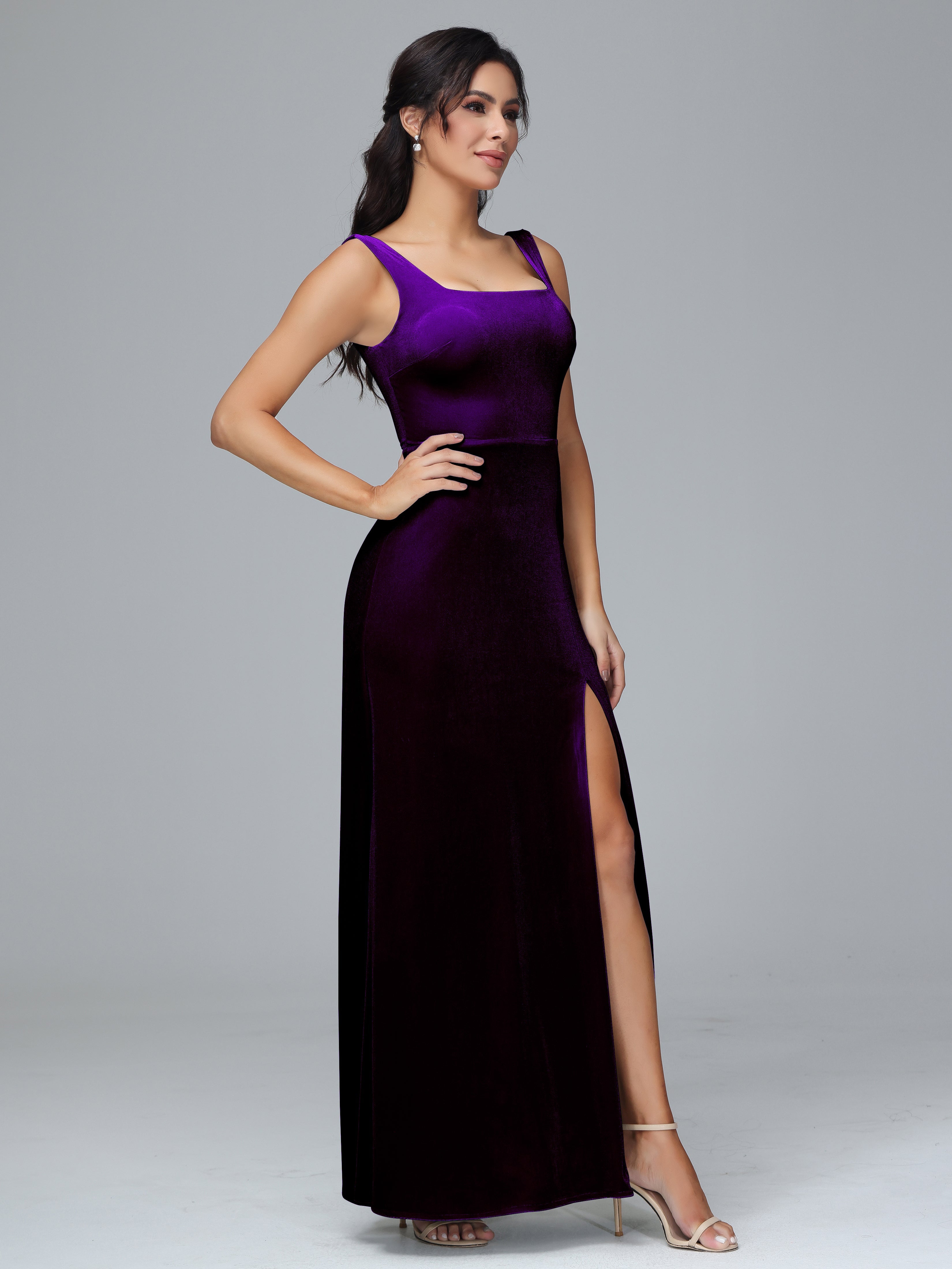 Square Neck Plus Size Velvet Bridesmaid Dress With Slit