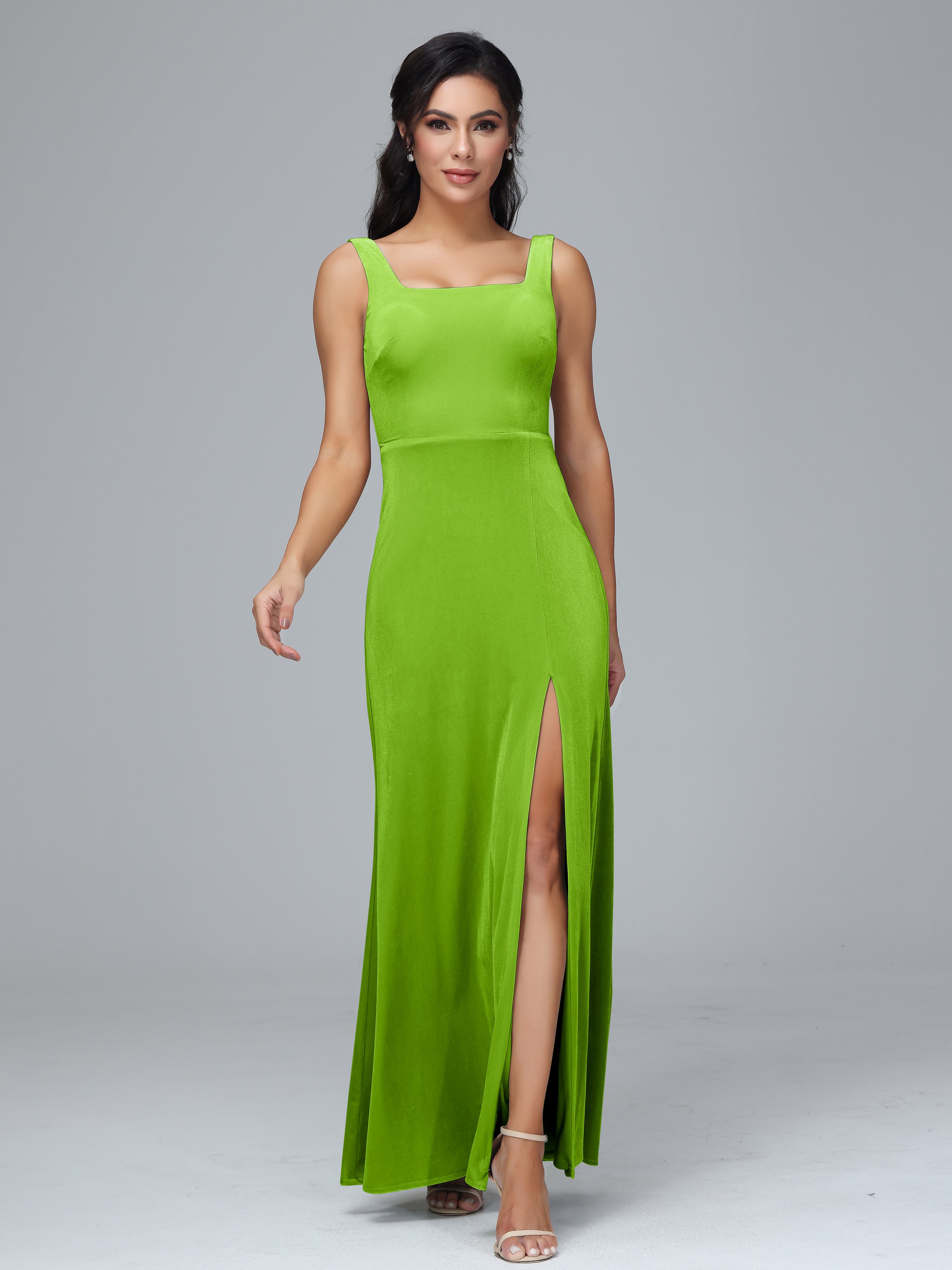 Square Neck Velvet Bridesmaid Dress With Slit