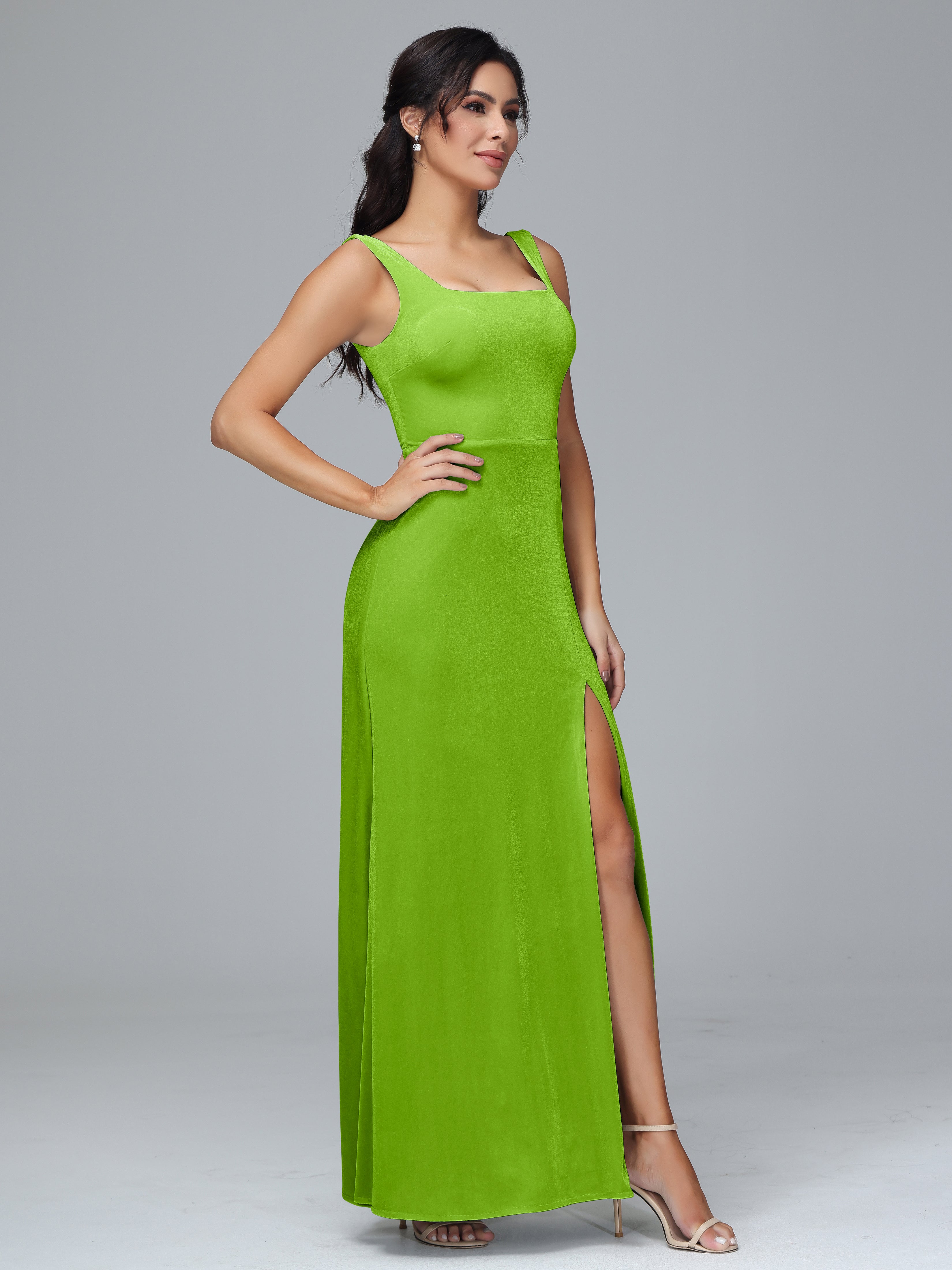 Square Neck Velvet Bridesmaid Dress With Slit