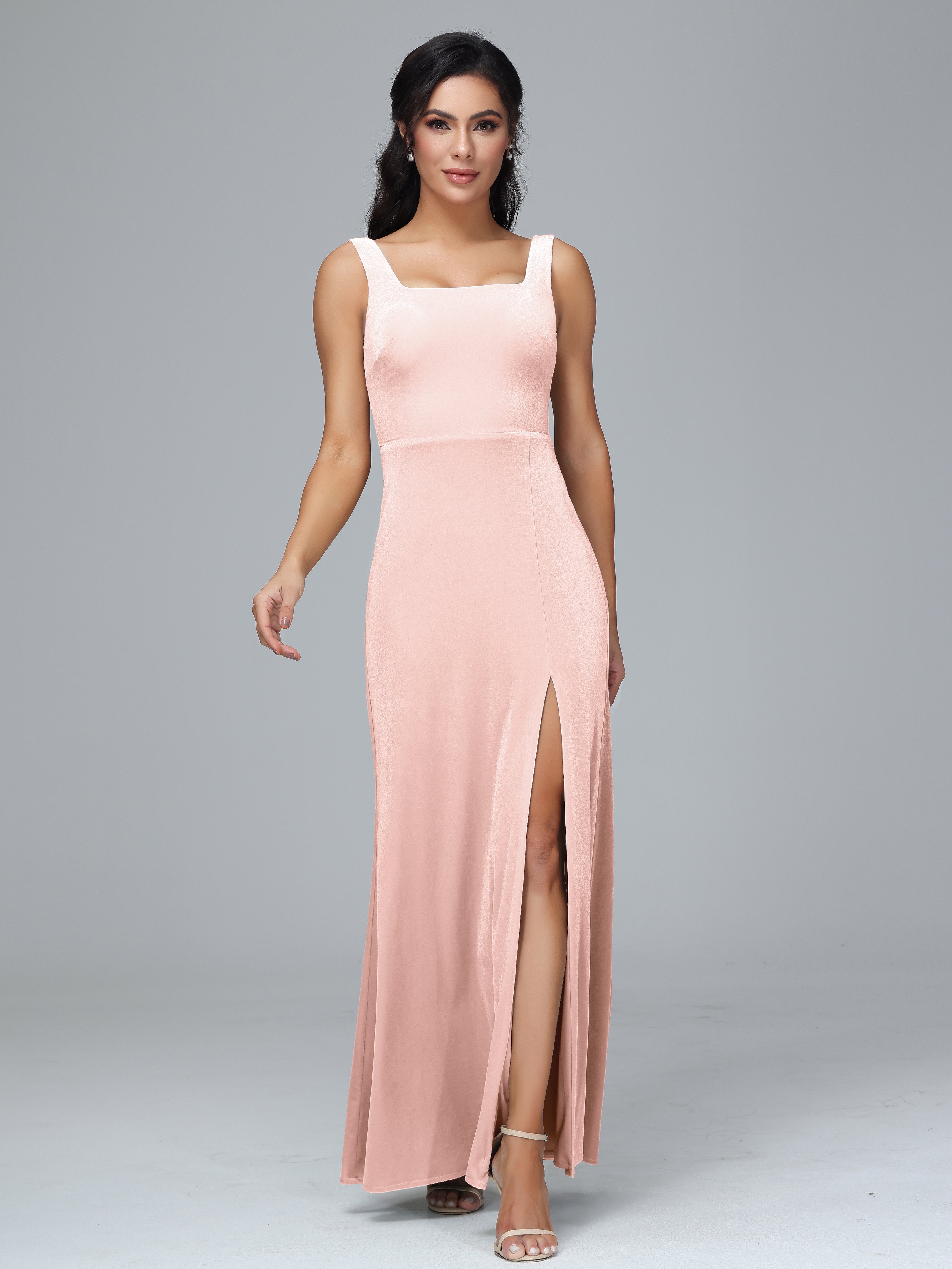 Square Neck Velvet Bridesmaid Dress With Slit