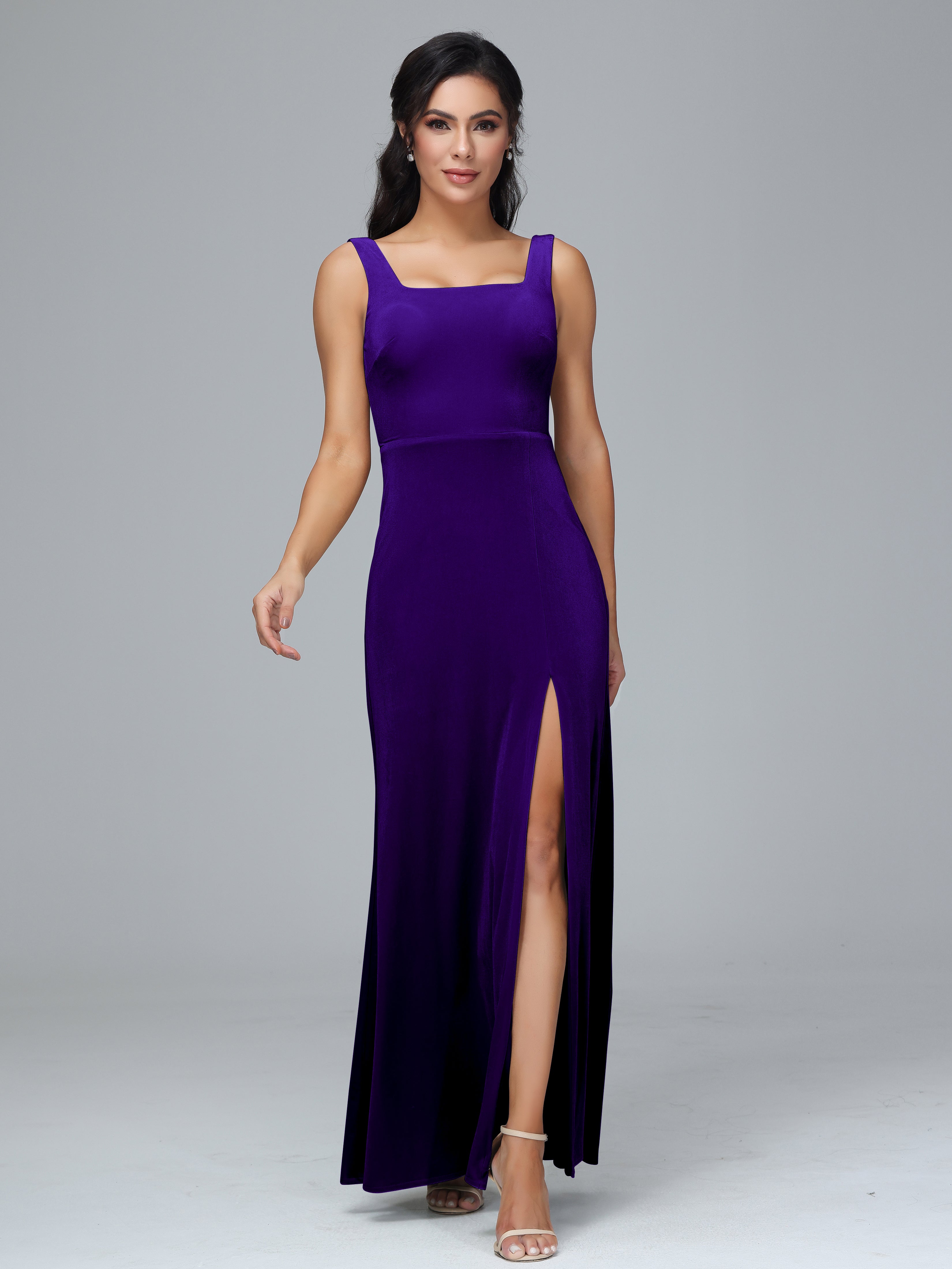 Square Neck Velvet Bridesmaid Dress With Slit