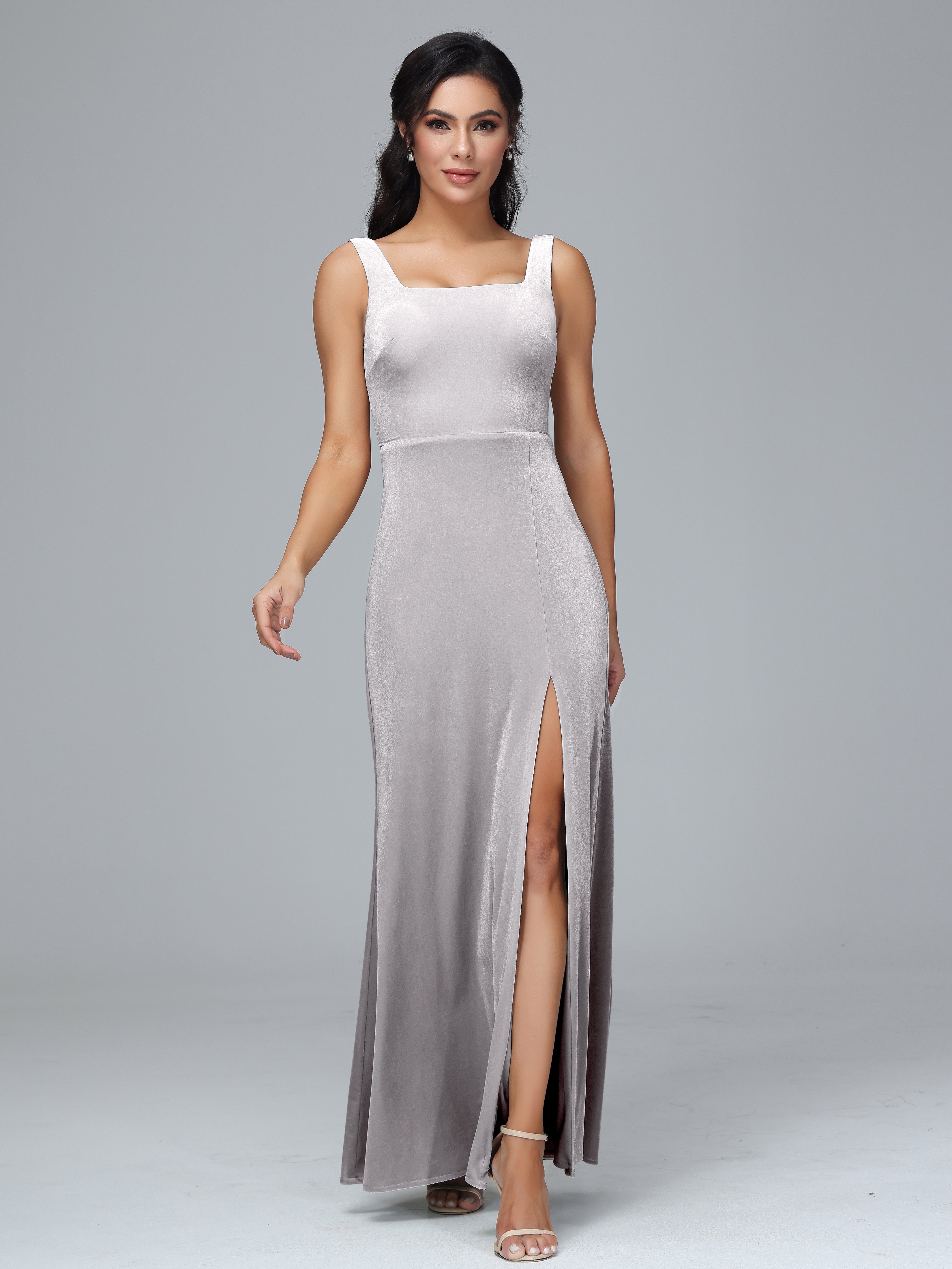 Square Neck Plus Size Velvet Bridesmaid Dress With Slit