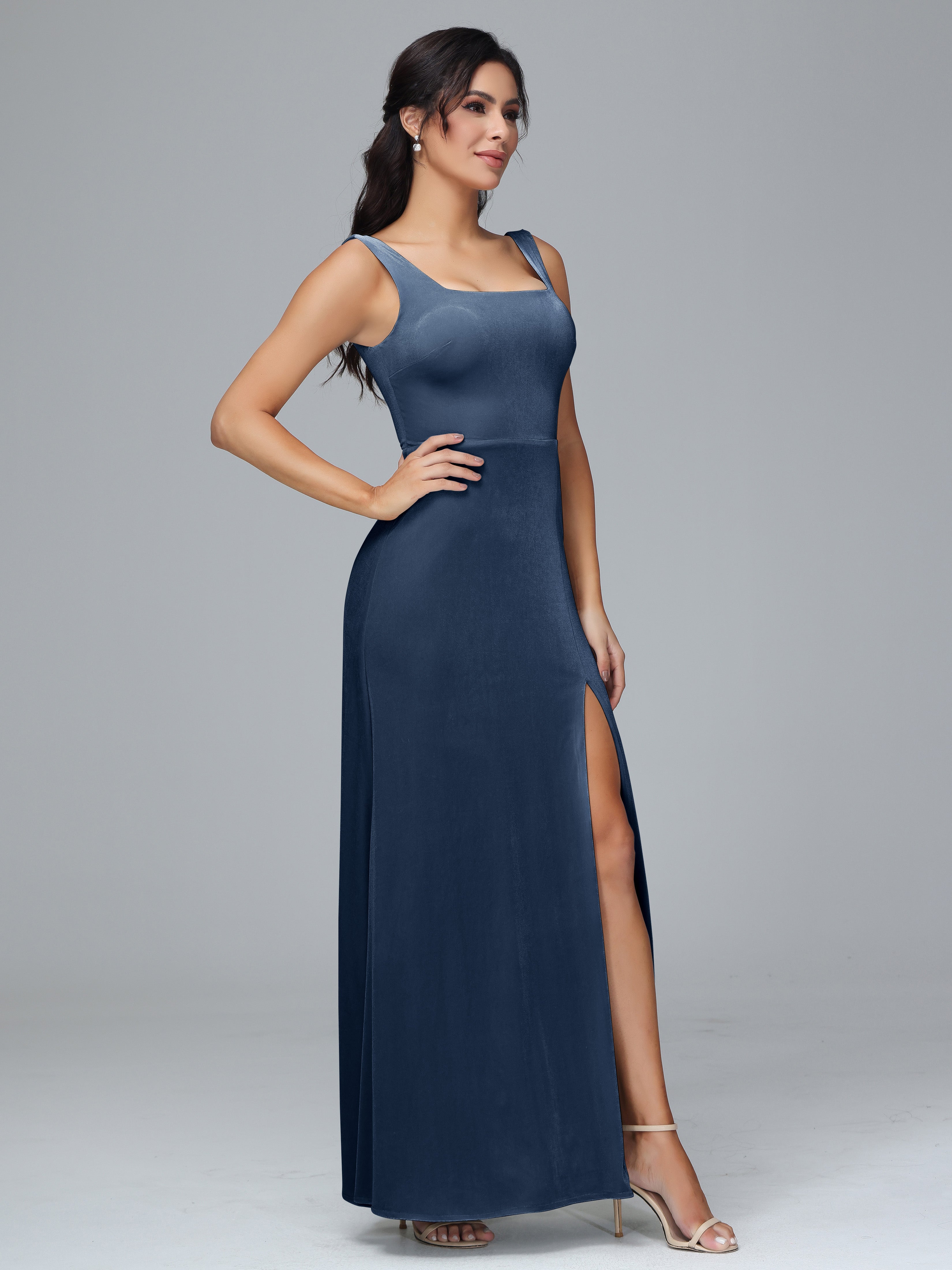 Square Neck Velvet Bridesmaid Dress With Slit