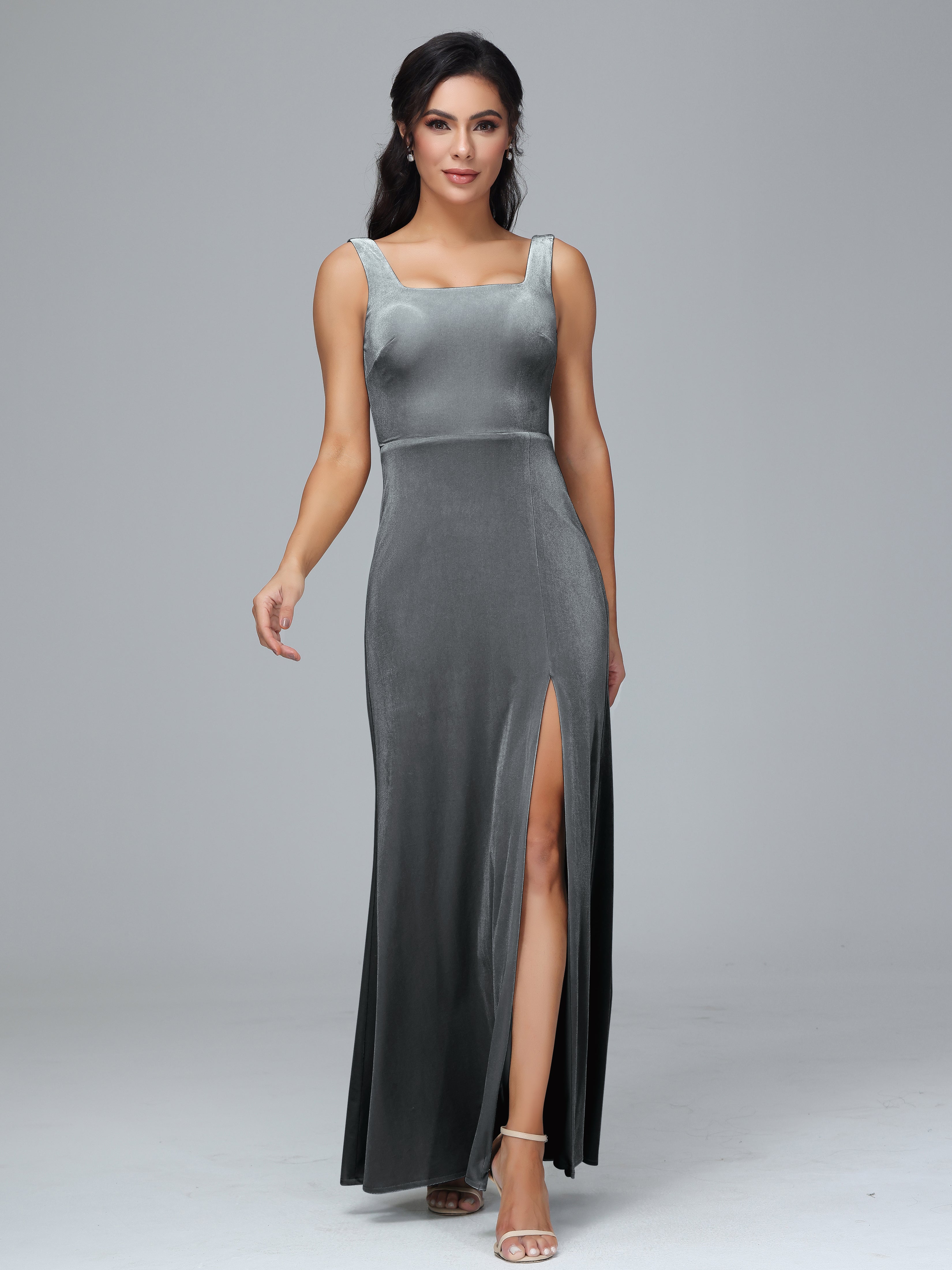 Square Neck Velvet Bridesmaid Dress With Slit