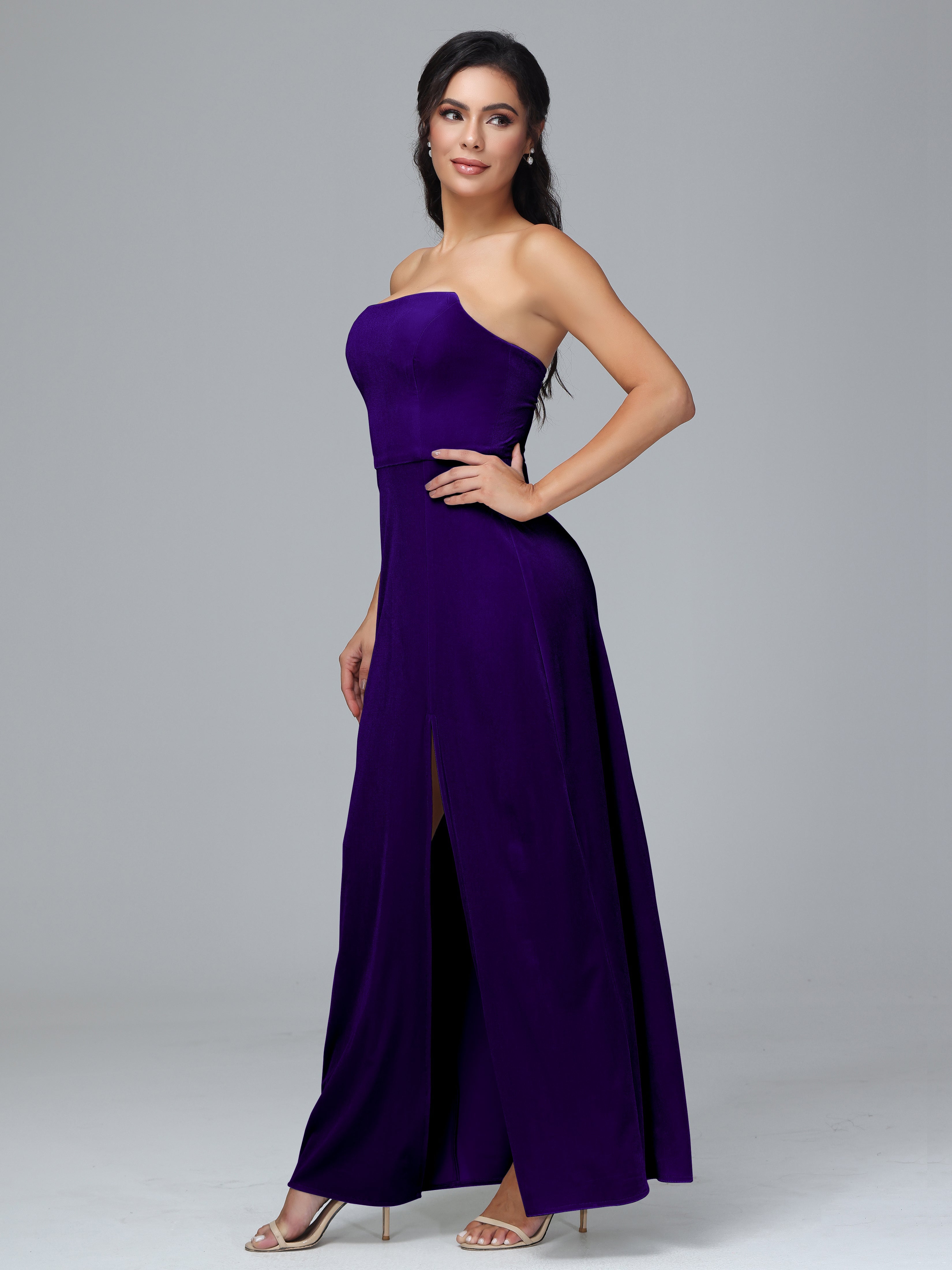 Strapless Plus Size Velvet Bridesmaid Dress With Slit