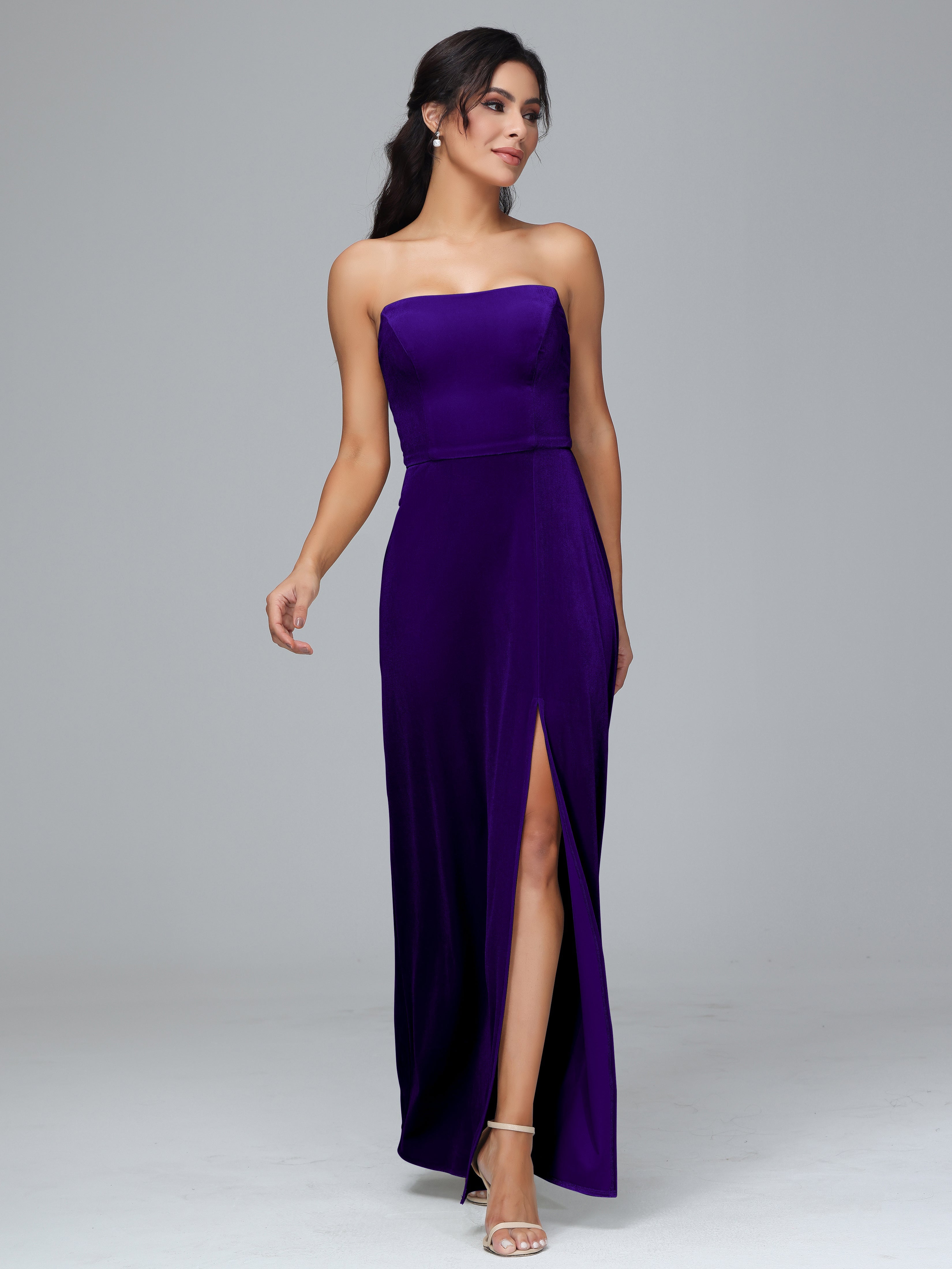 Strapless Plus Size Velvet Bridesmaid Dress With Slit