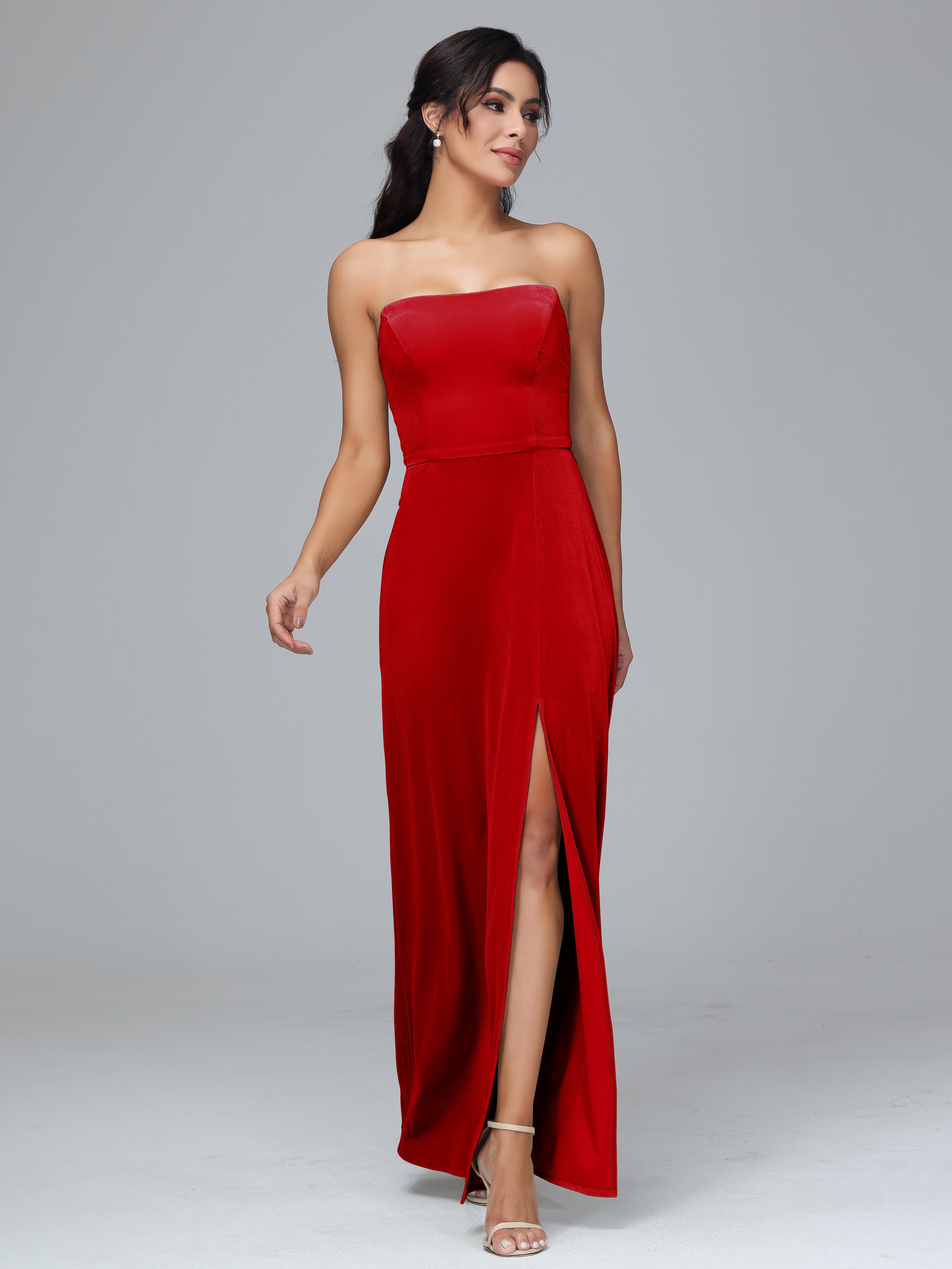 Strapless Velvet Bridesmaid Dress With Slit