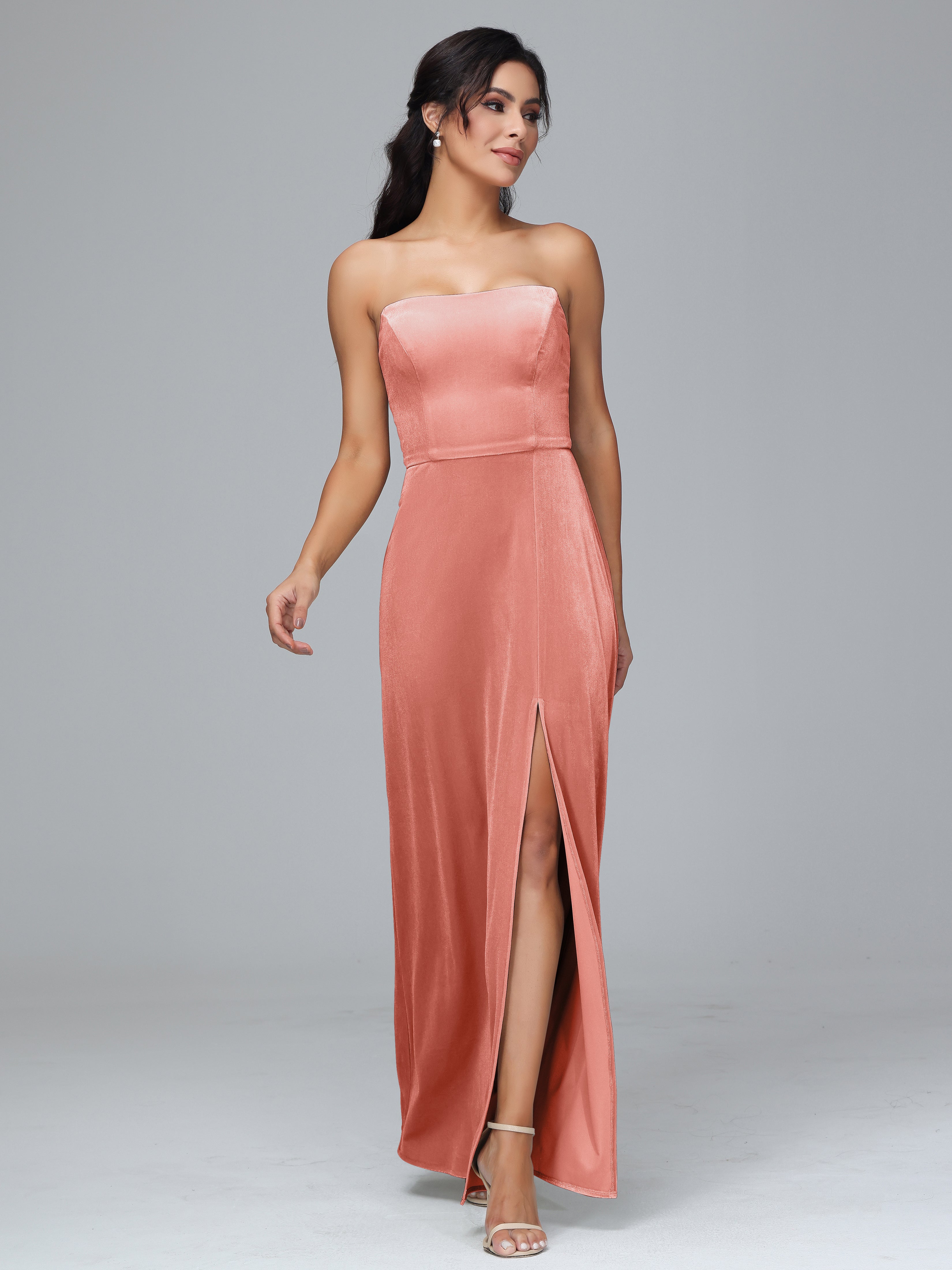 Strapless Plus Size Velvet Bridesmaid Dress With Slit