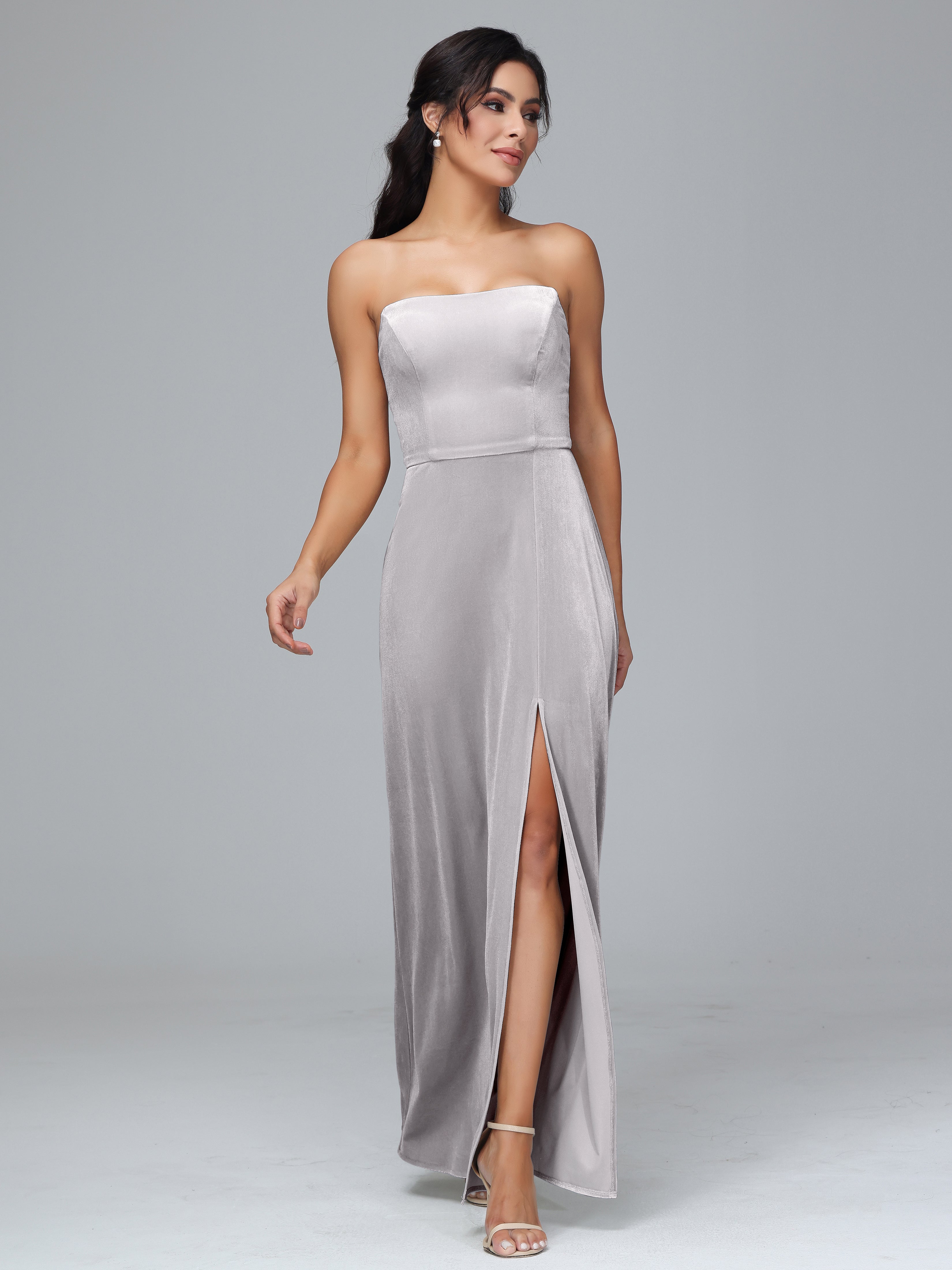 Strapless Plus Size Velvet Bridesmaid Dress With Slit