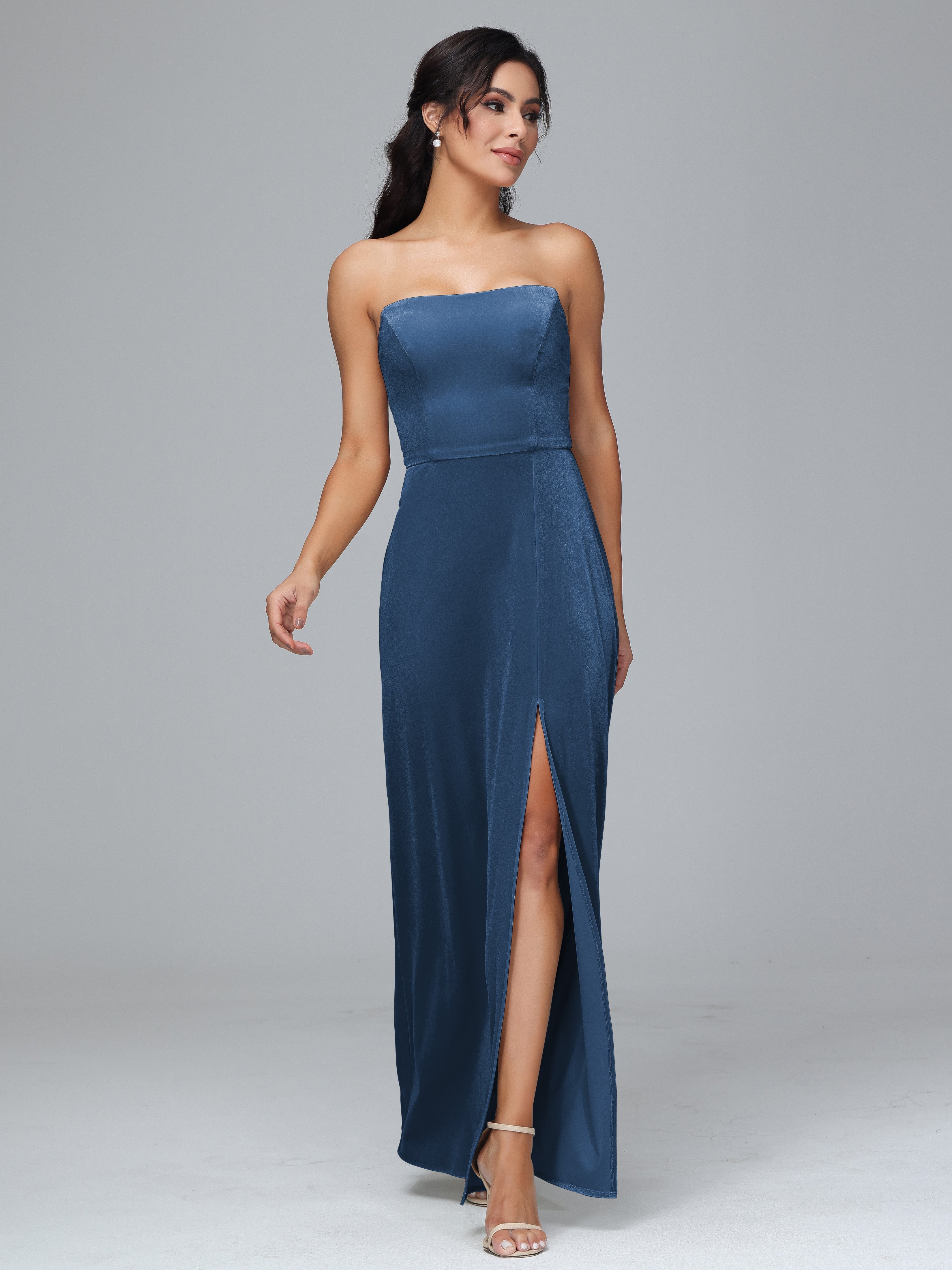 Strapless Plus Size Velvet Bridesmaid Dress With Slit