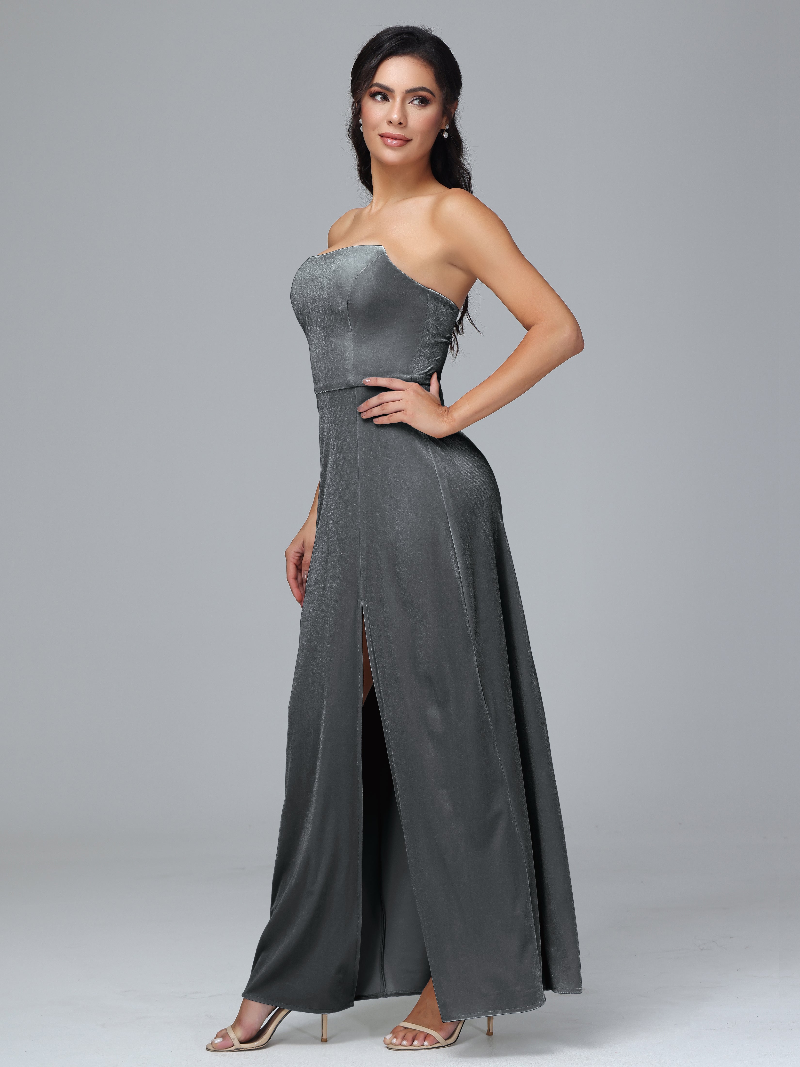 Strapless Velvet Bridesmaid Dress With Slit