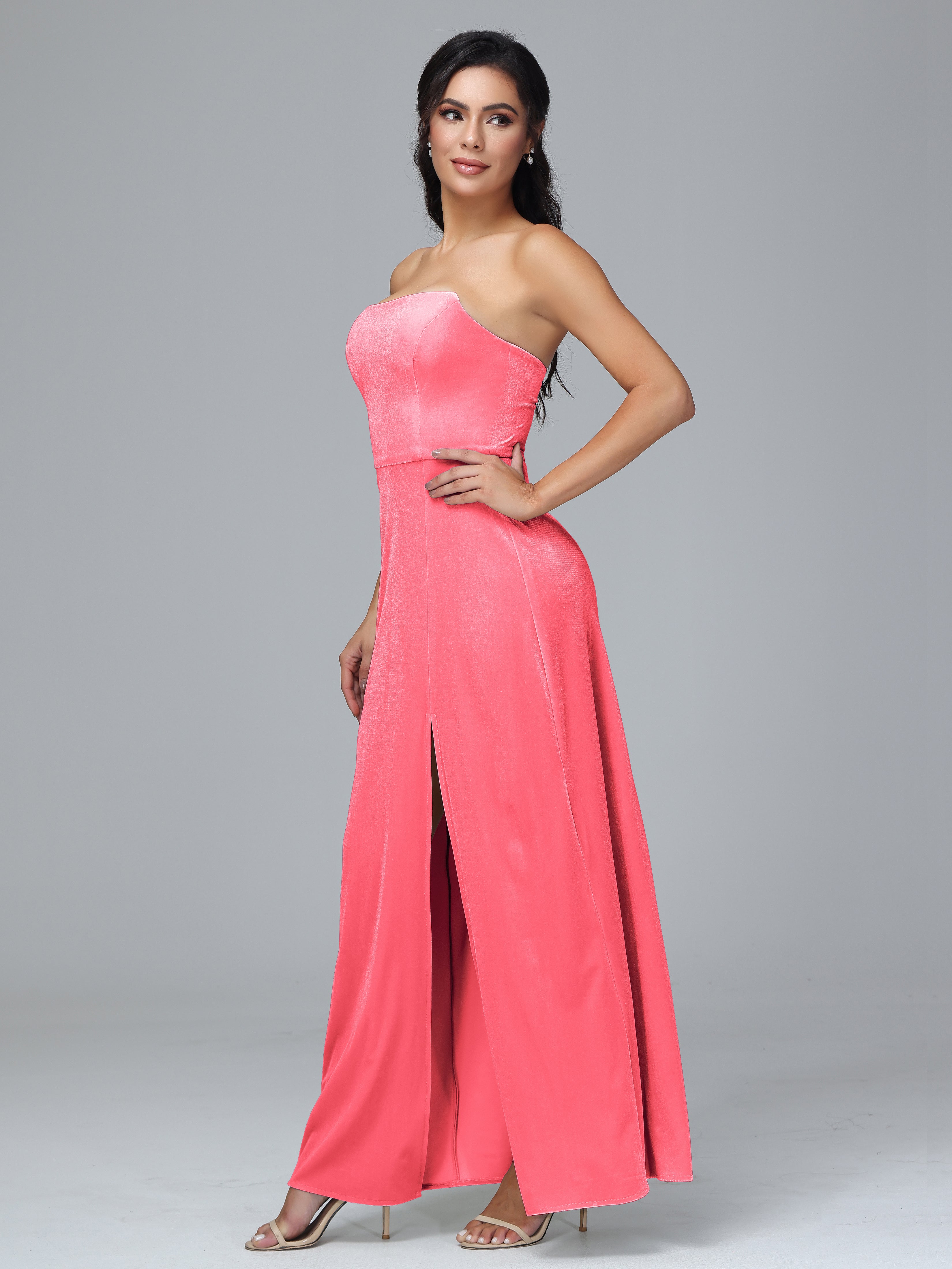 Strapless Velvet Bridesmaid Dress With Slit