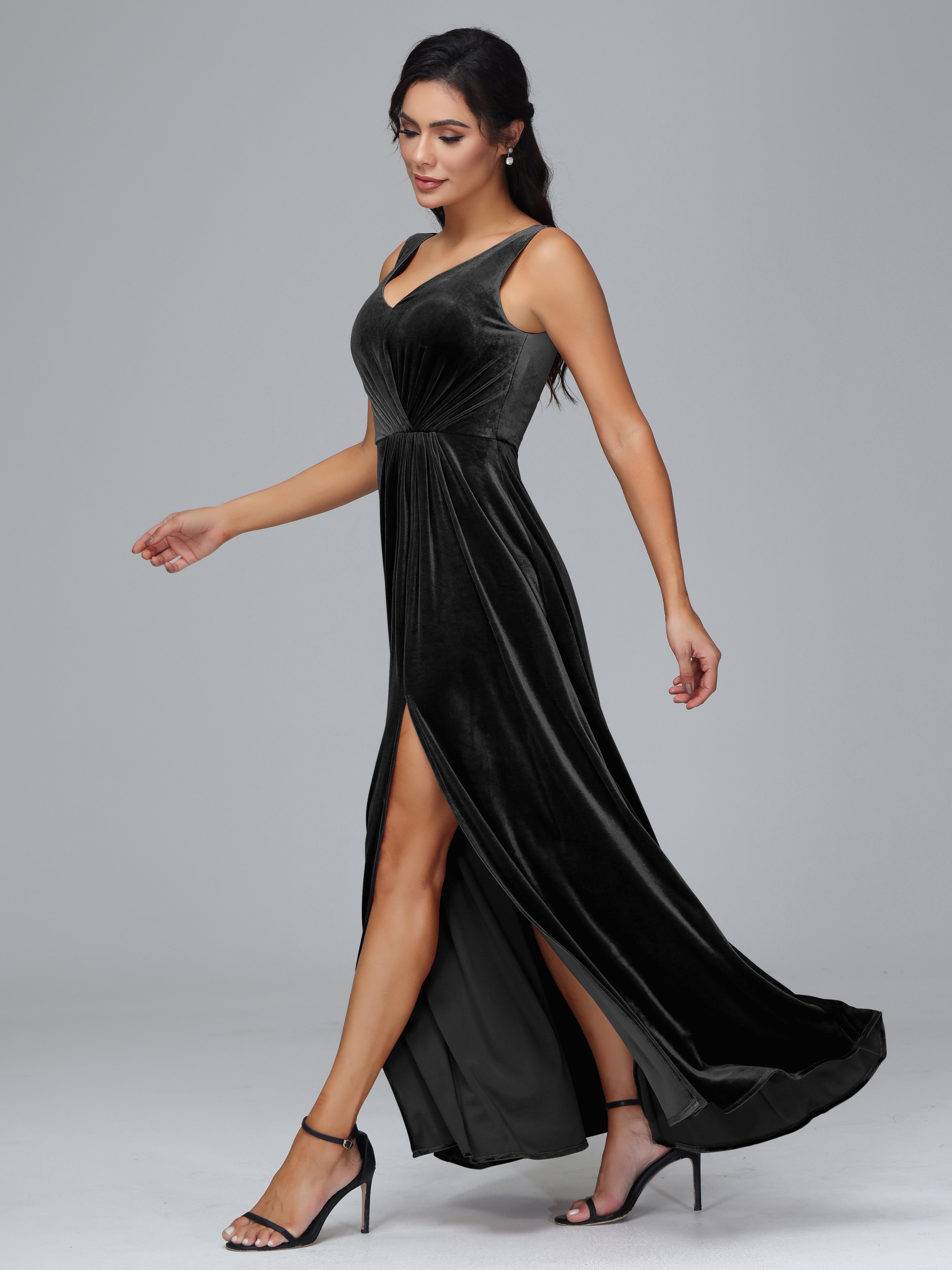 V Neck A Line Plus Size Velvet Bridesmaid Dress With Slit