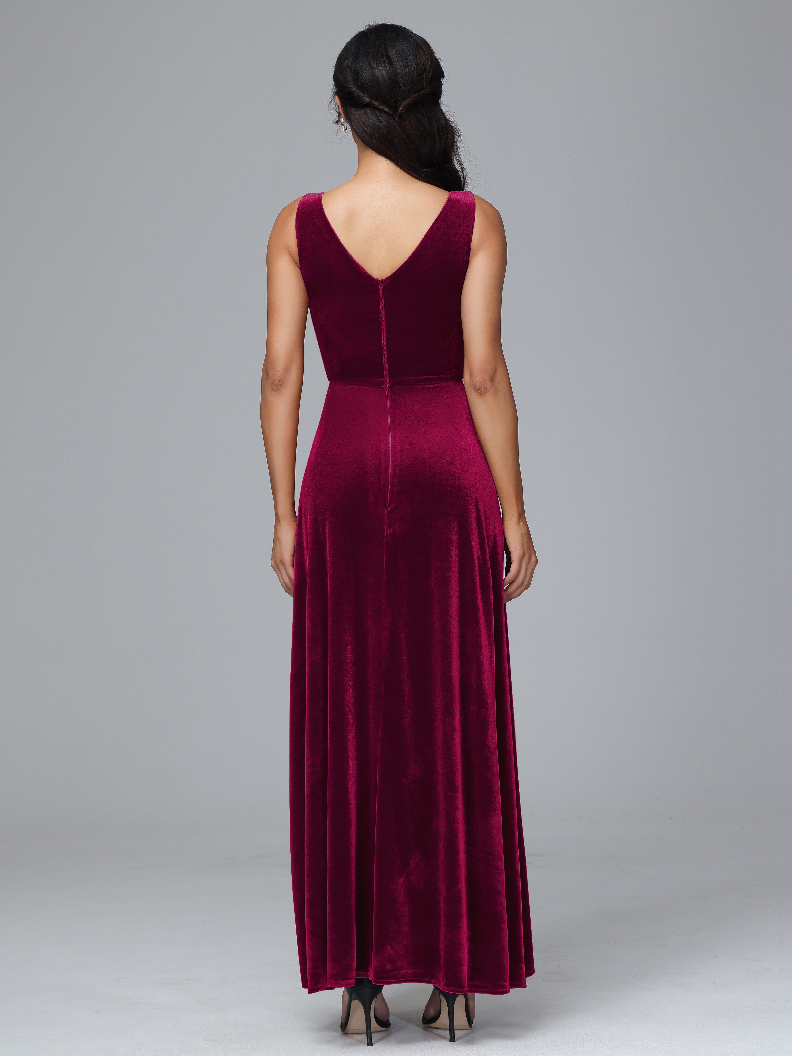 V Neck A Line Plus Size Velvet Bridesmaid Dress With Slit