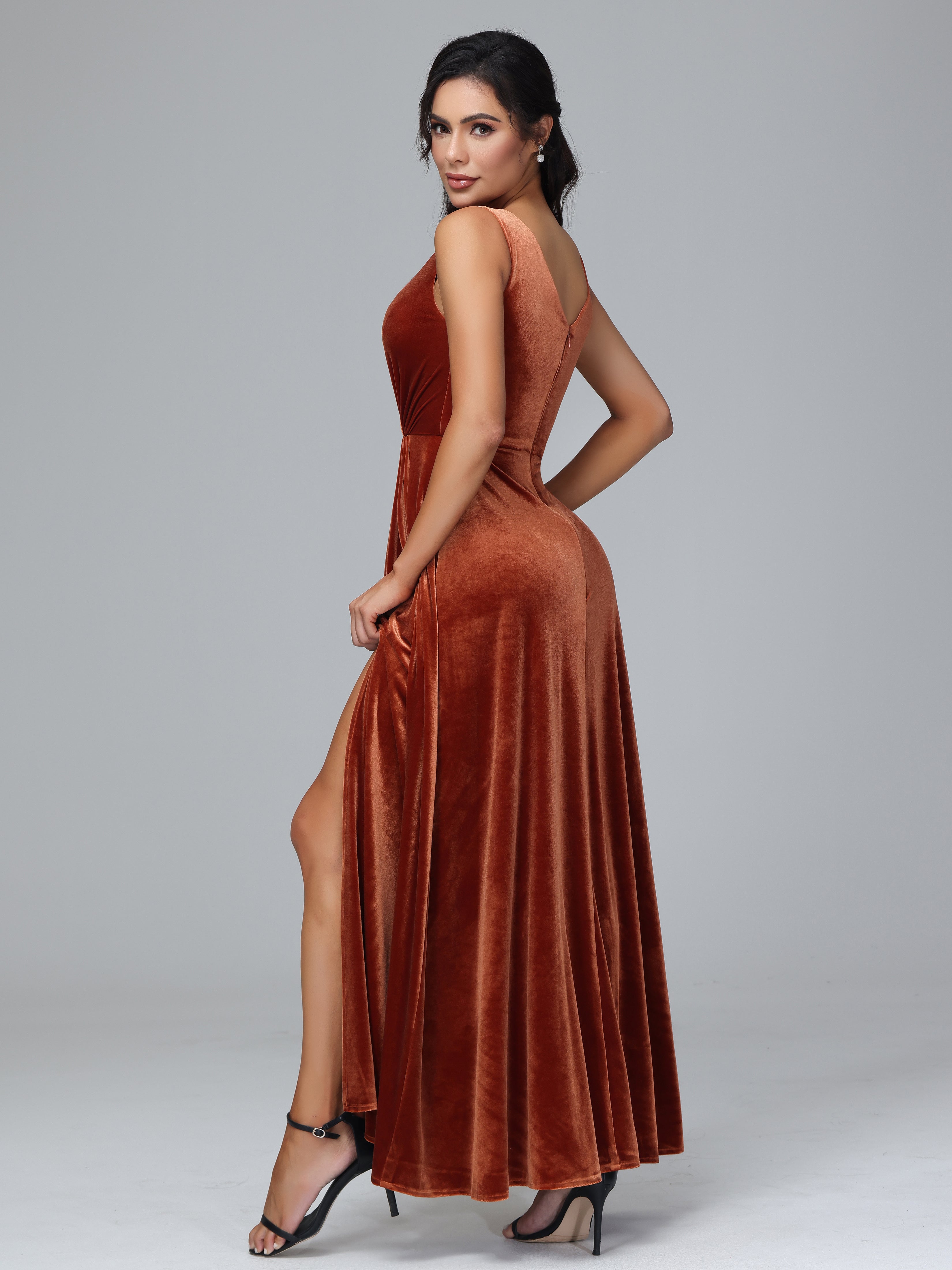 V Neck A Line Velvet Bridesmaid Dress With Slit