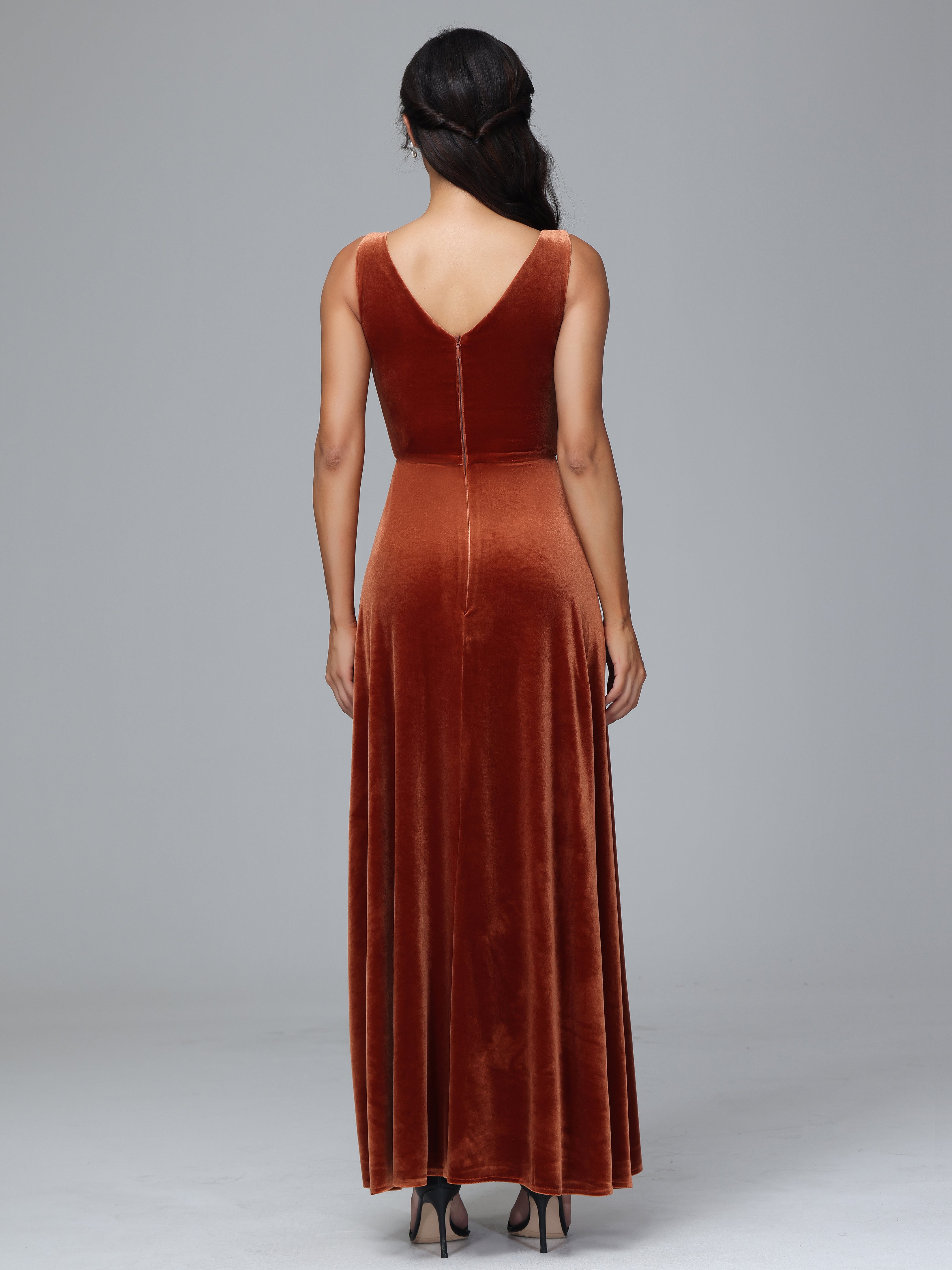 V Neck A Line Velvet Bridesmaid Dress With Slit