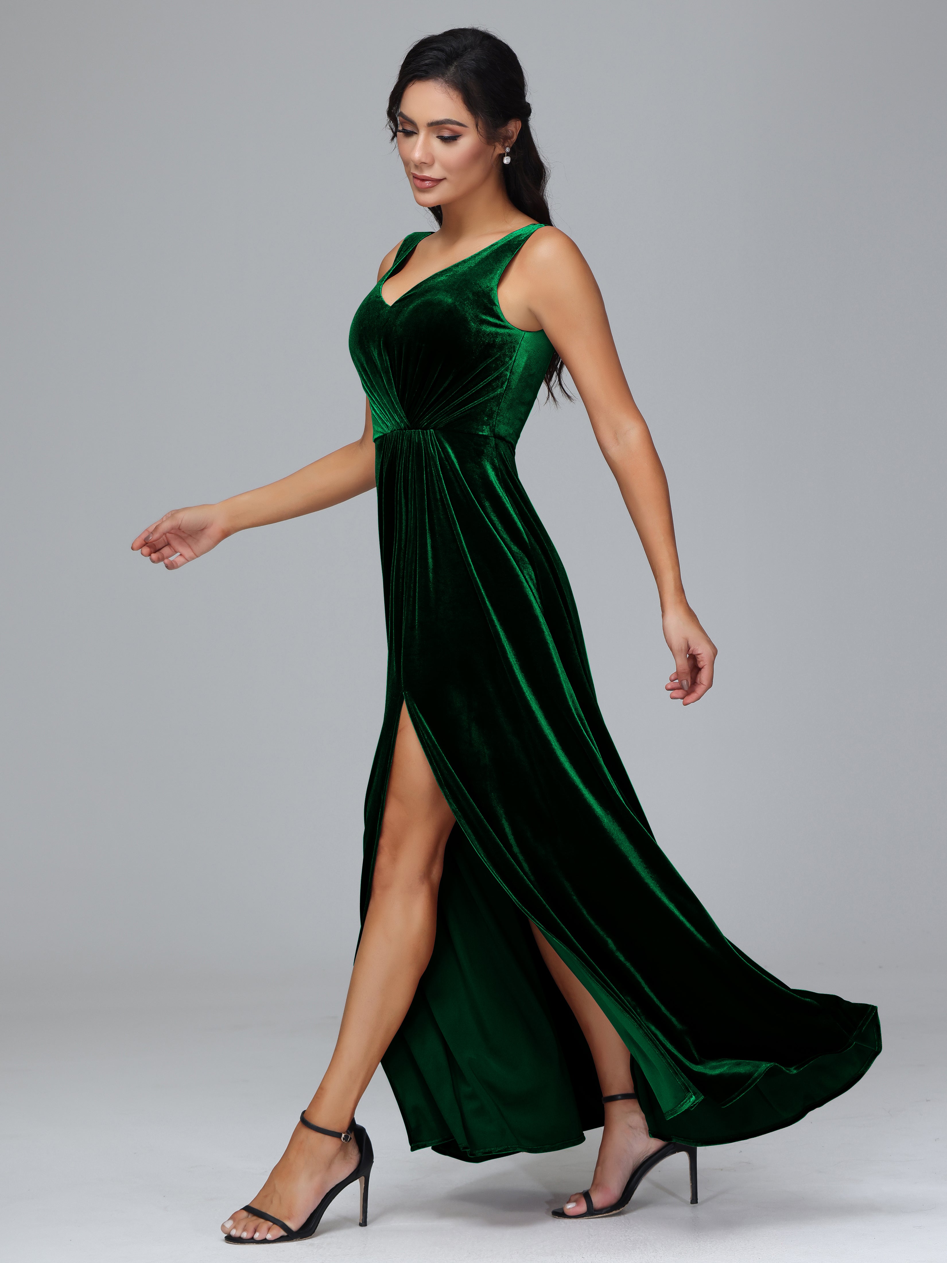 V Neck A Line Velvet Bridesmaid Dress With Slit