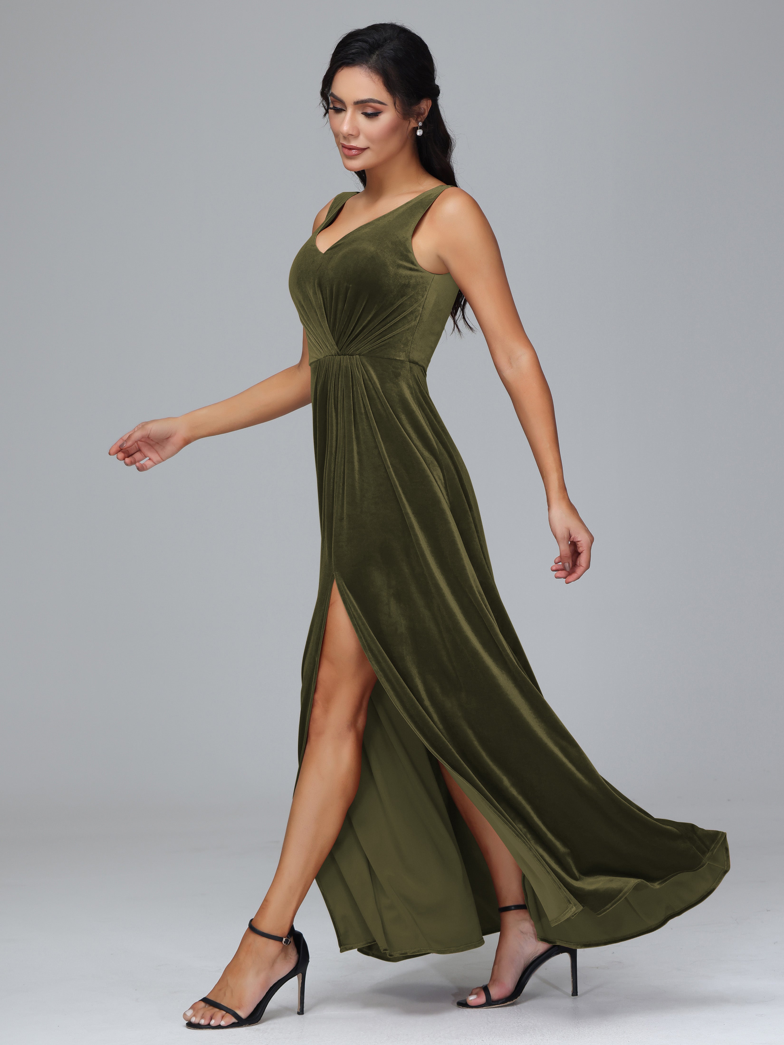 V Neck A Line Velvet Bridesmaid Dress With Slit