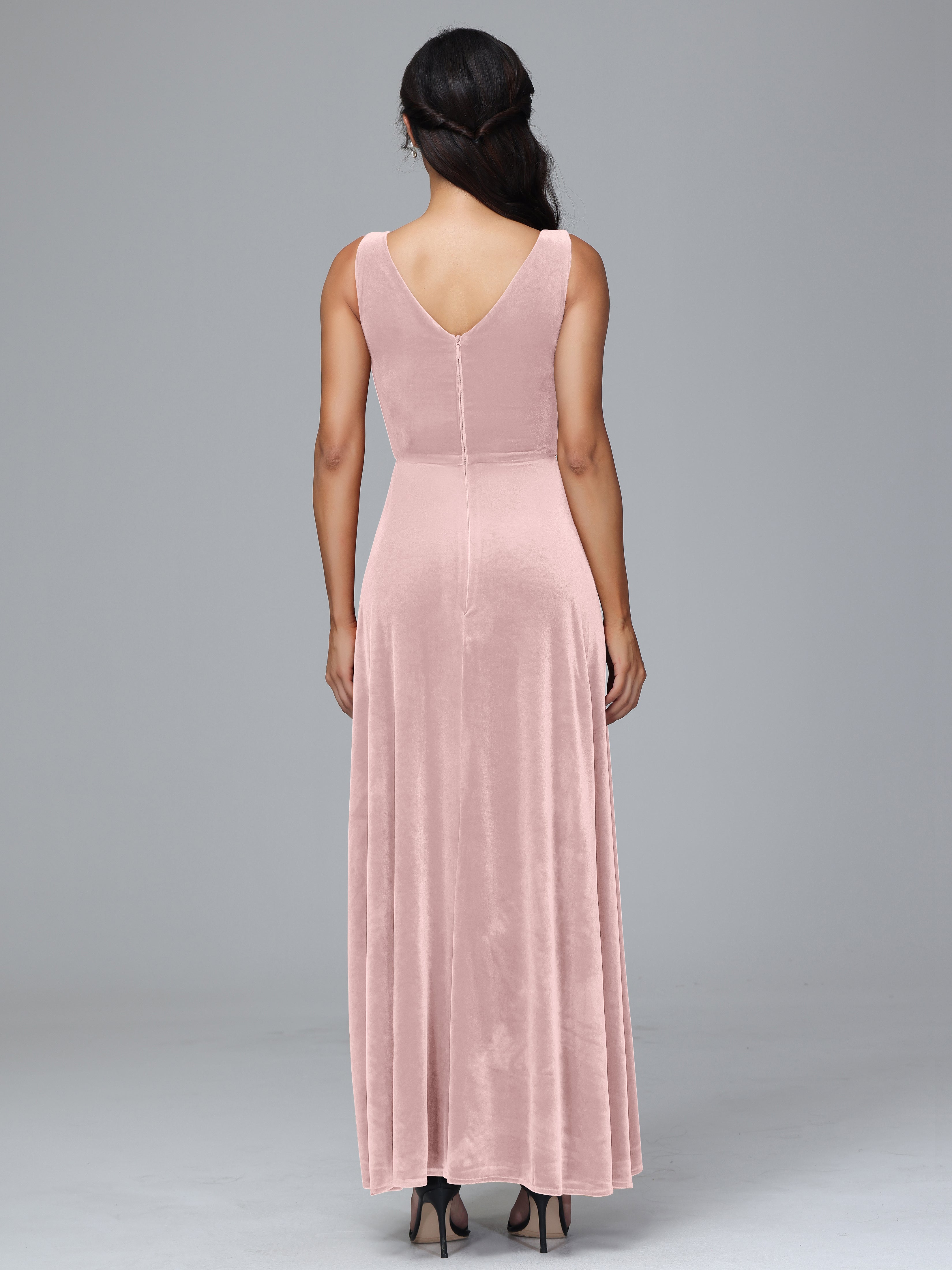 V Neck A Line Velvet Bridesmaid Dress With Slit