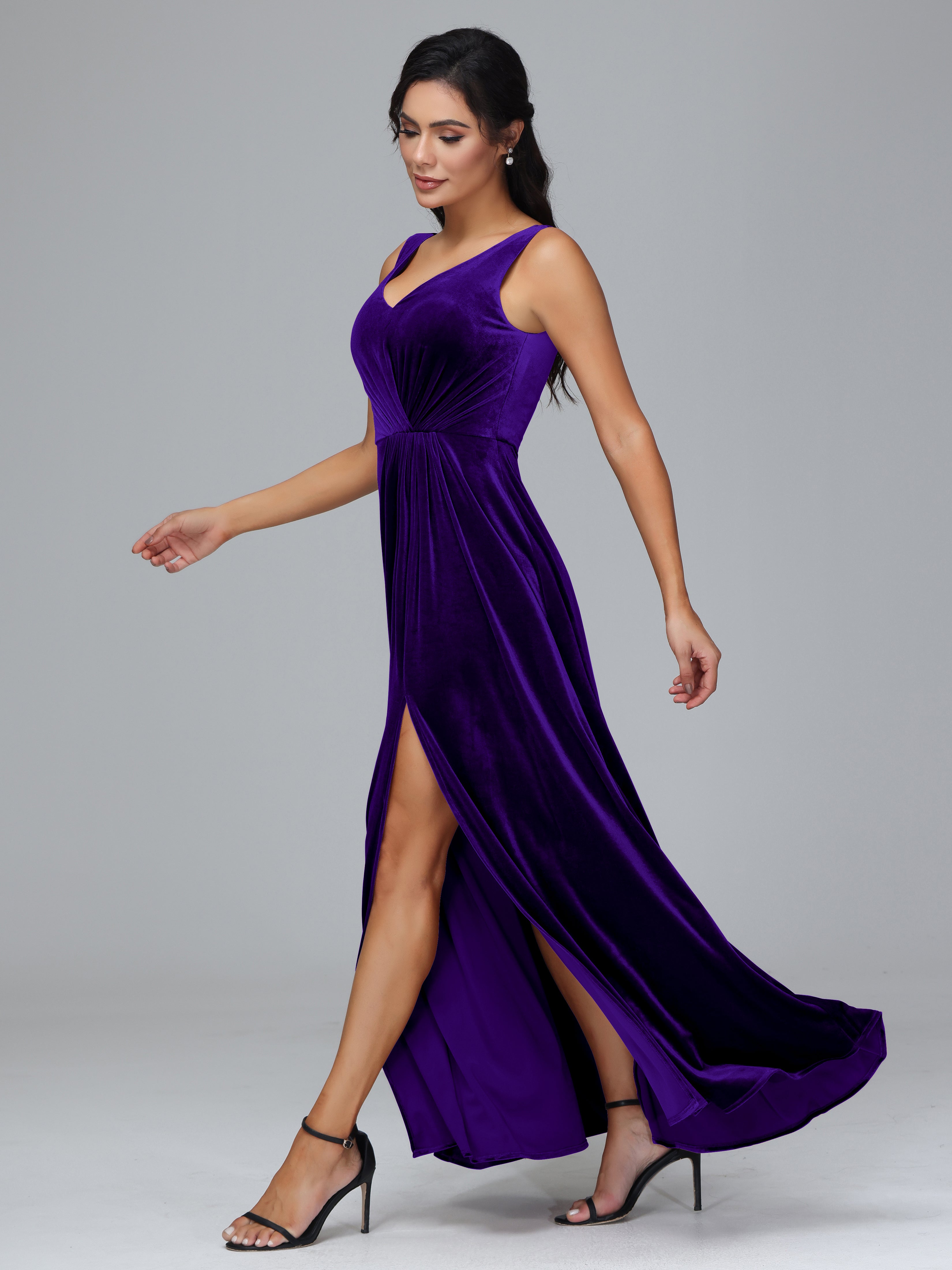 V Neck A Line Plus Size Velvet Bridesmaid Dress With Slit