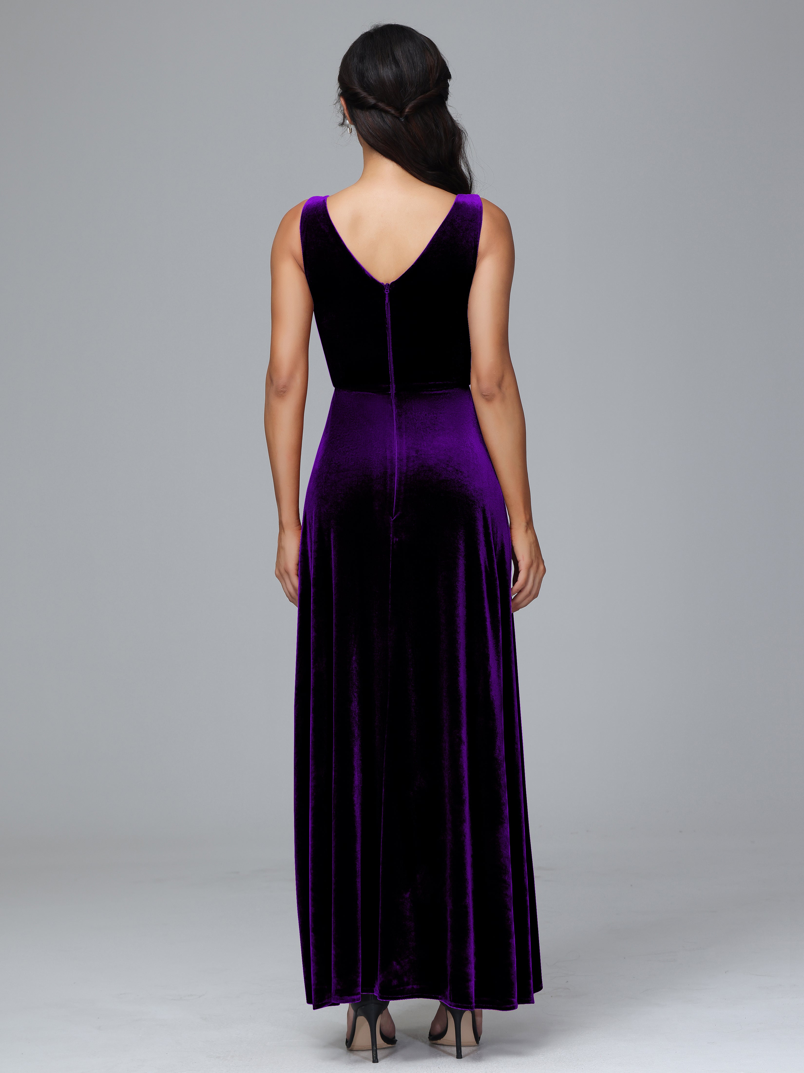 V Neck A Line Velvet Bridesmaid Dress With Slit