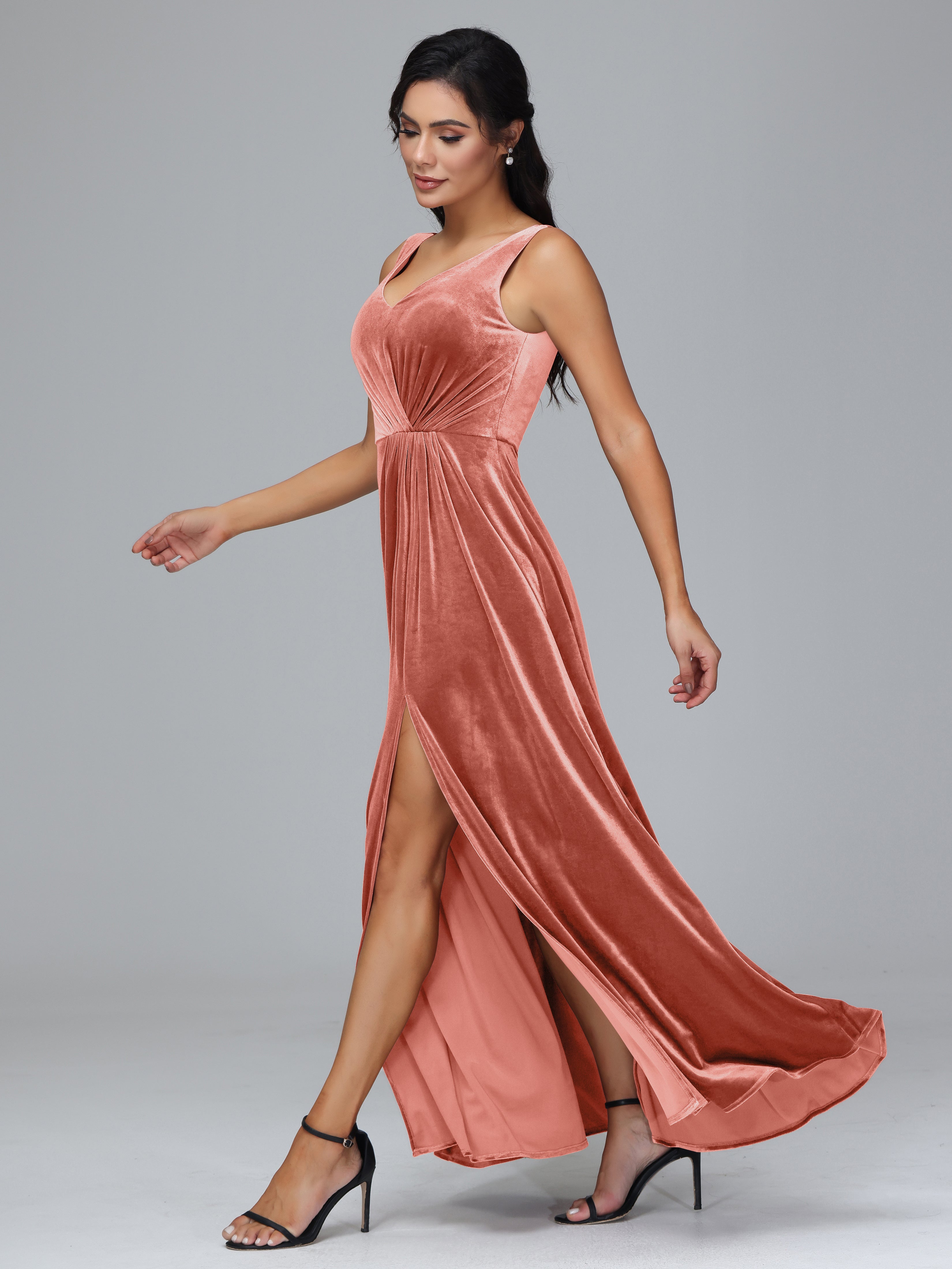 V Neck A Line Plus Size Velvet Bridesmaid Dress With Slit