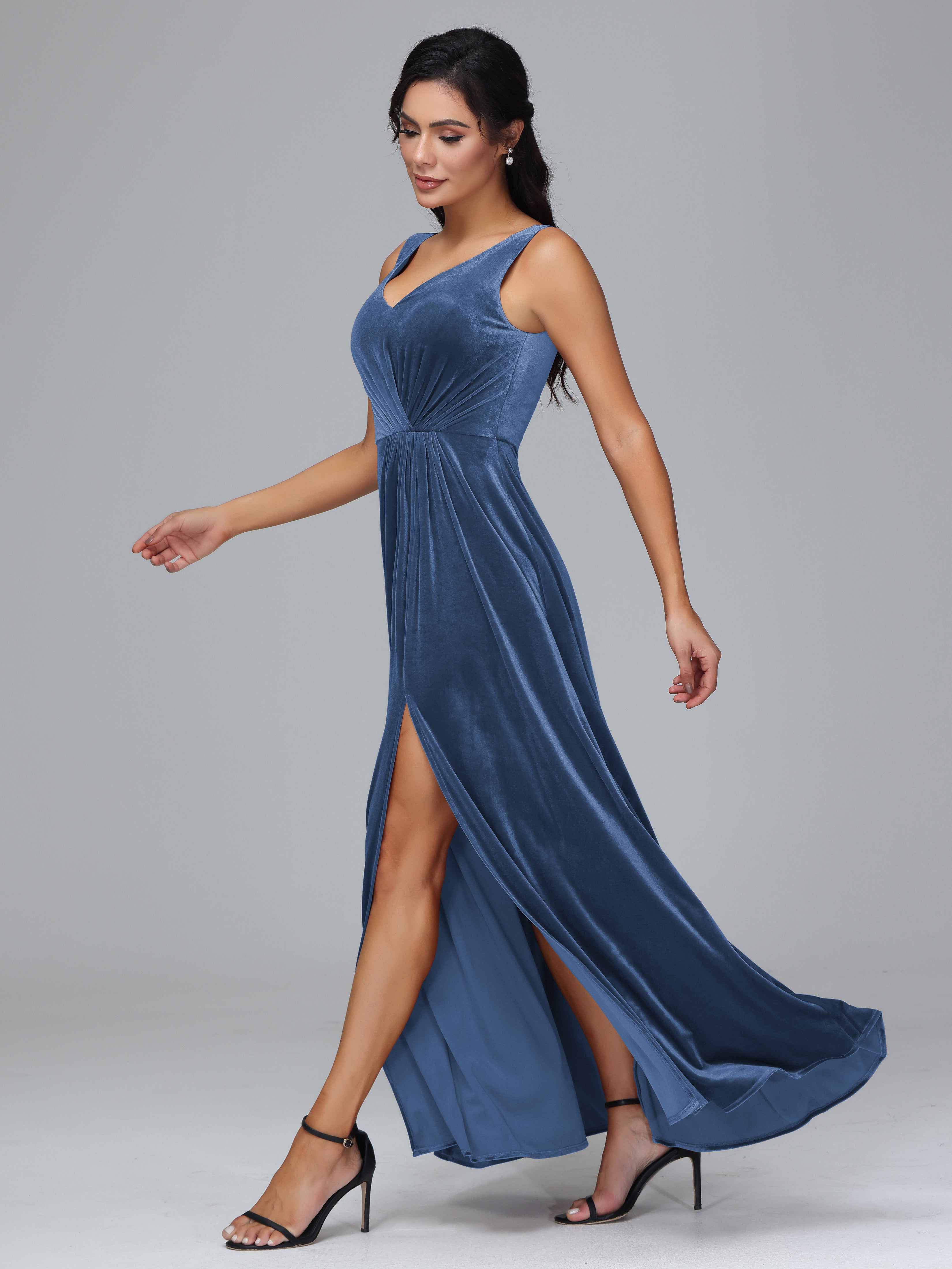 V Neck A Line Velvet Bridesmaid Dress With Slit