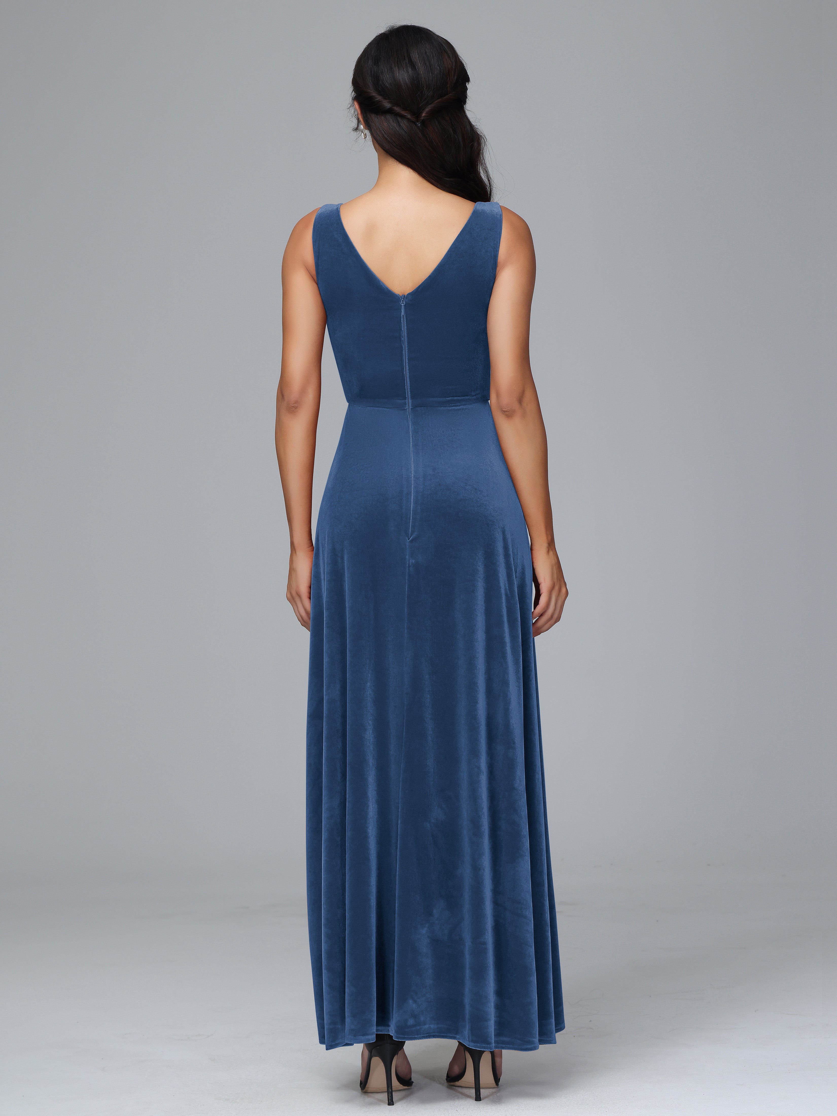 V Neck A Line Velvet Bridesmaid Dress With Slit