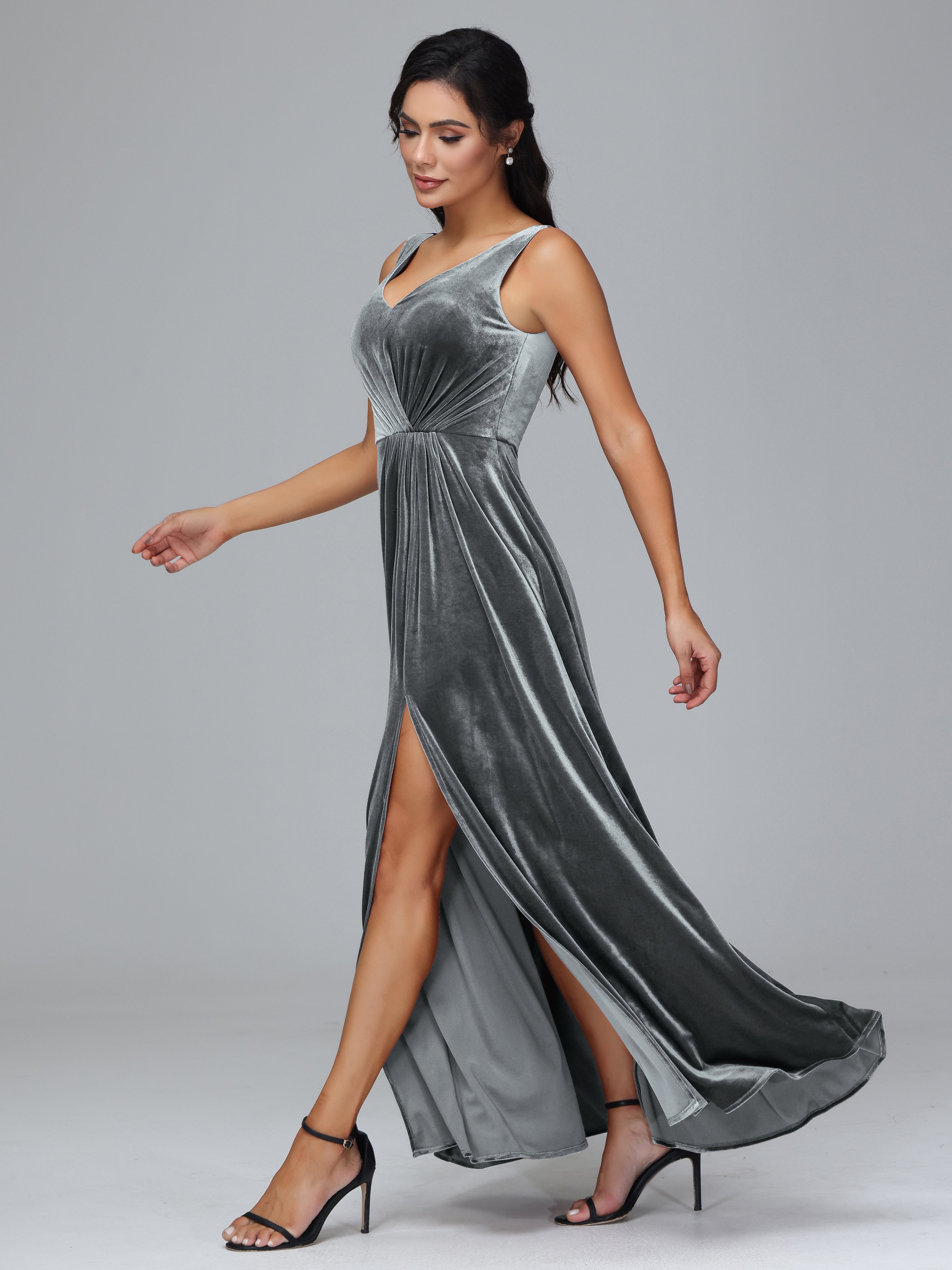 V Neck A Line Plus Size Velvet Bridesmaid Dress With Slit