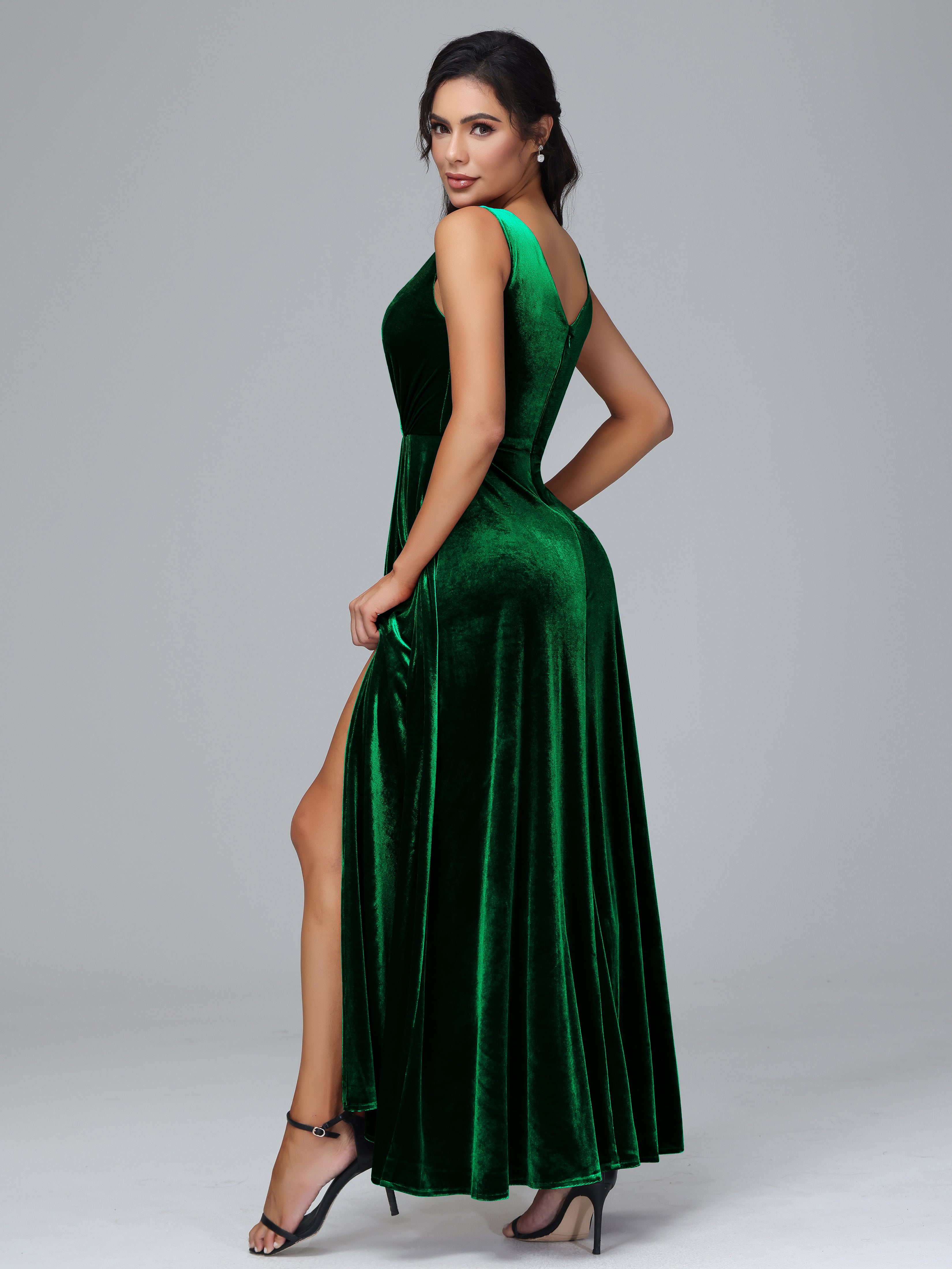 V Neck A Line Velvet Bridesmaid Dress With Slit