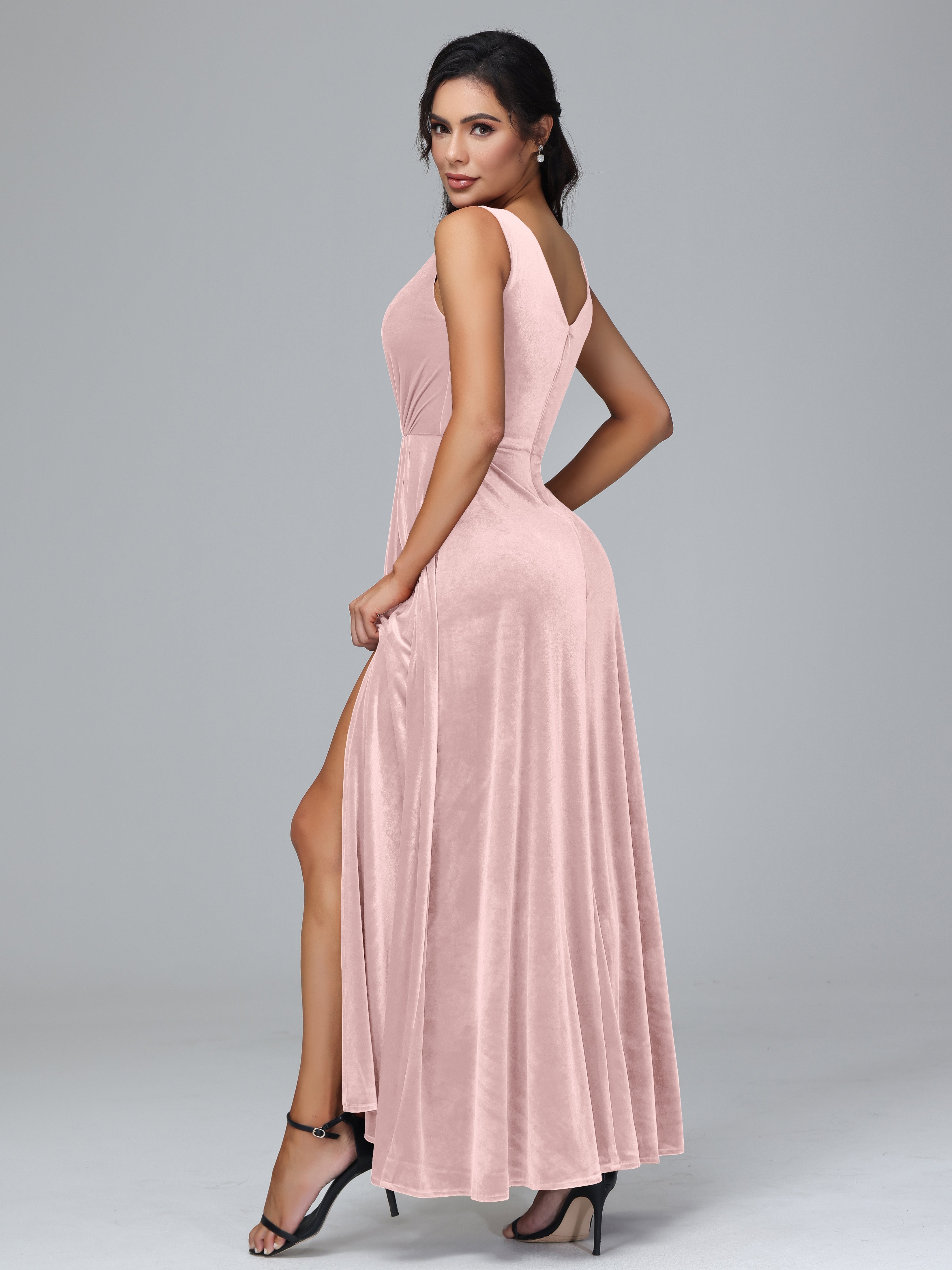 V Neck A Line Plus Size Velvet Bridesmaid Dress With Slit