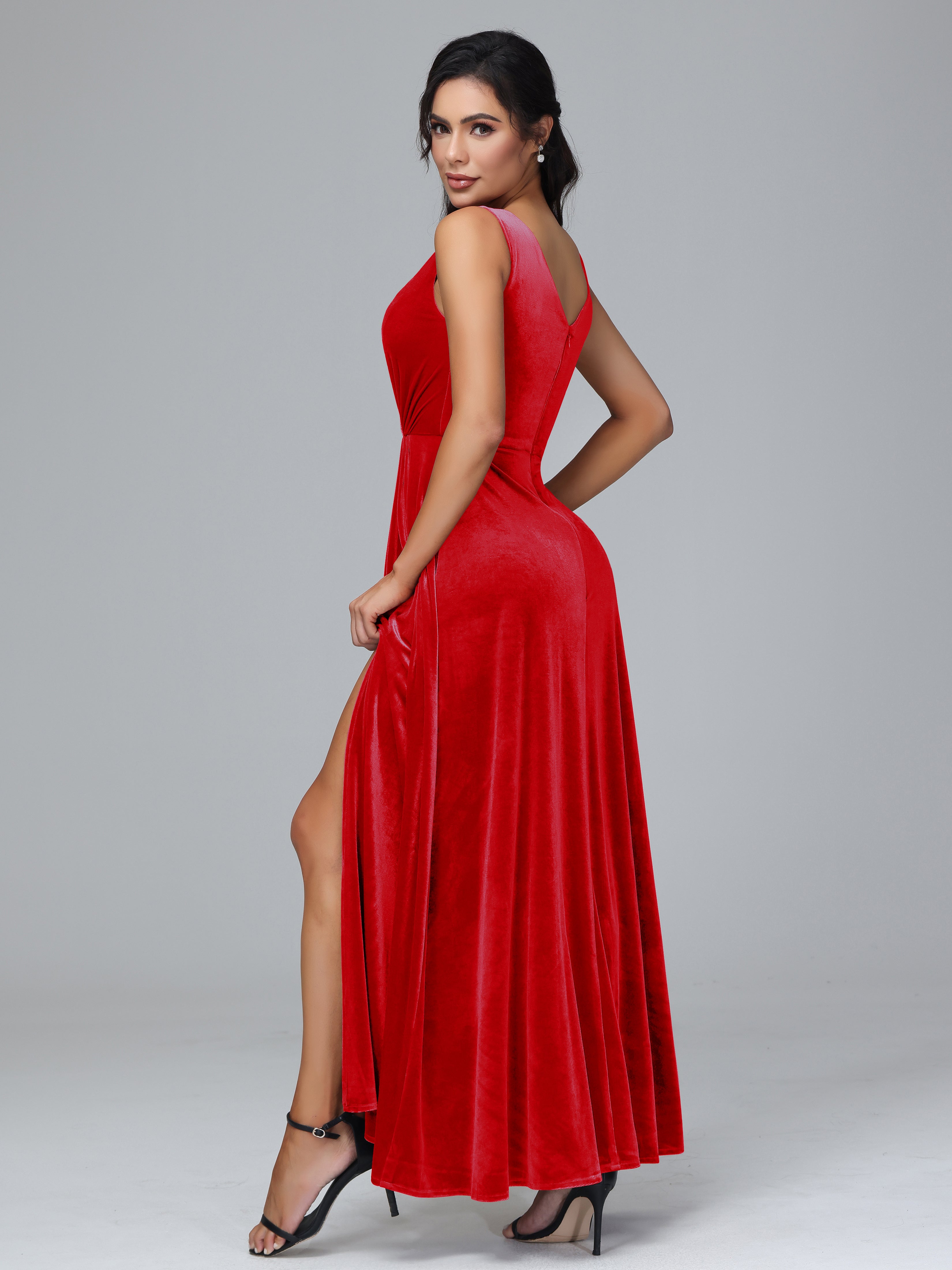 V Neck A Line Velvet Bridesmaid Dress With Slit