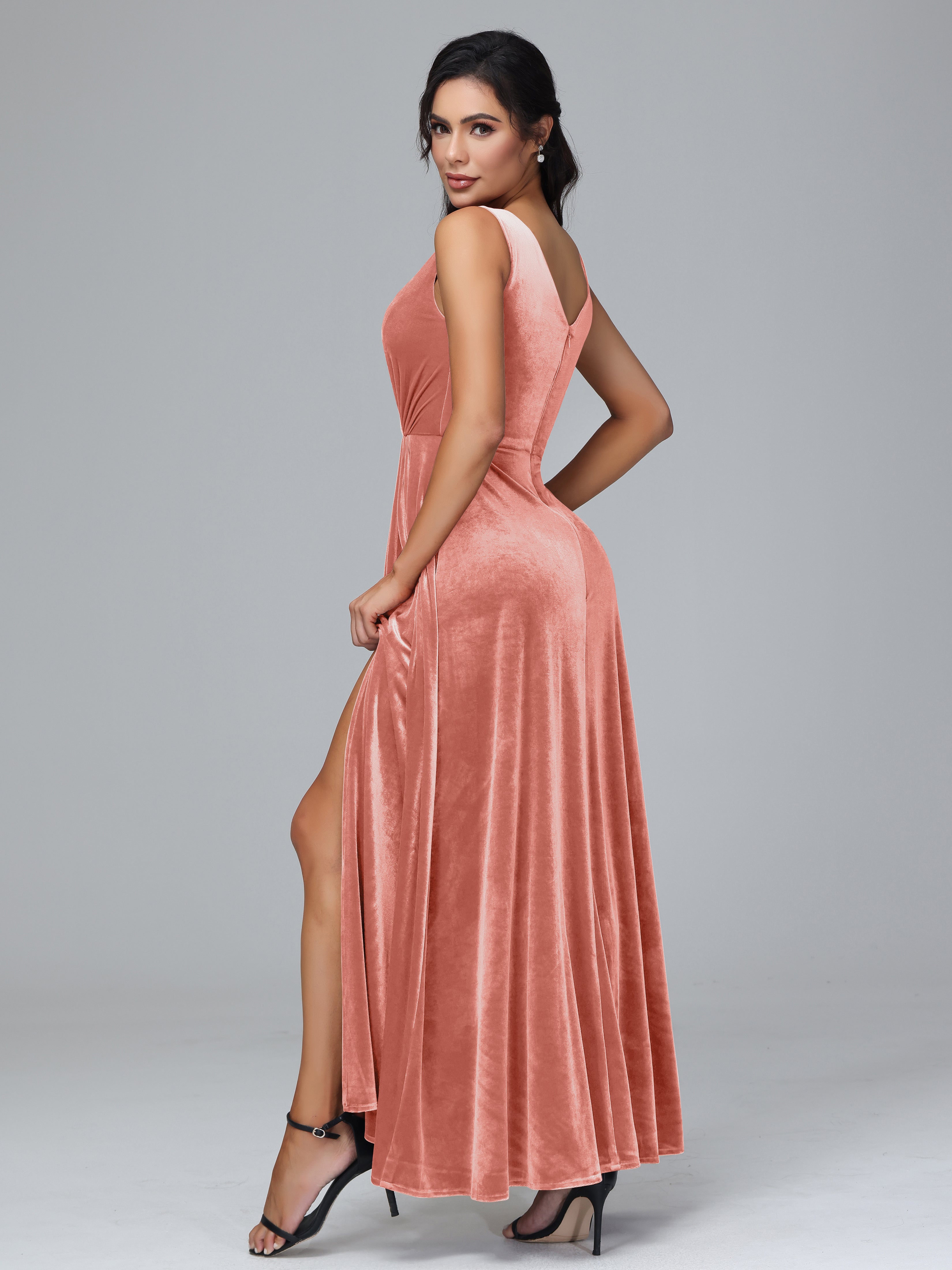 V Neck A Line Velvet Bridesmaid Dress With Slit