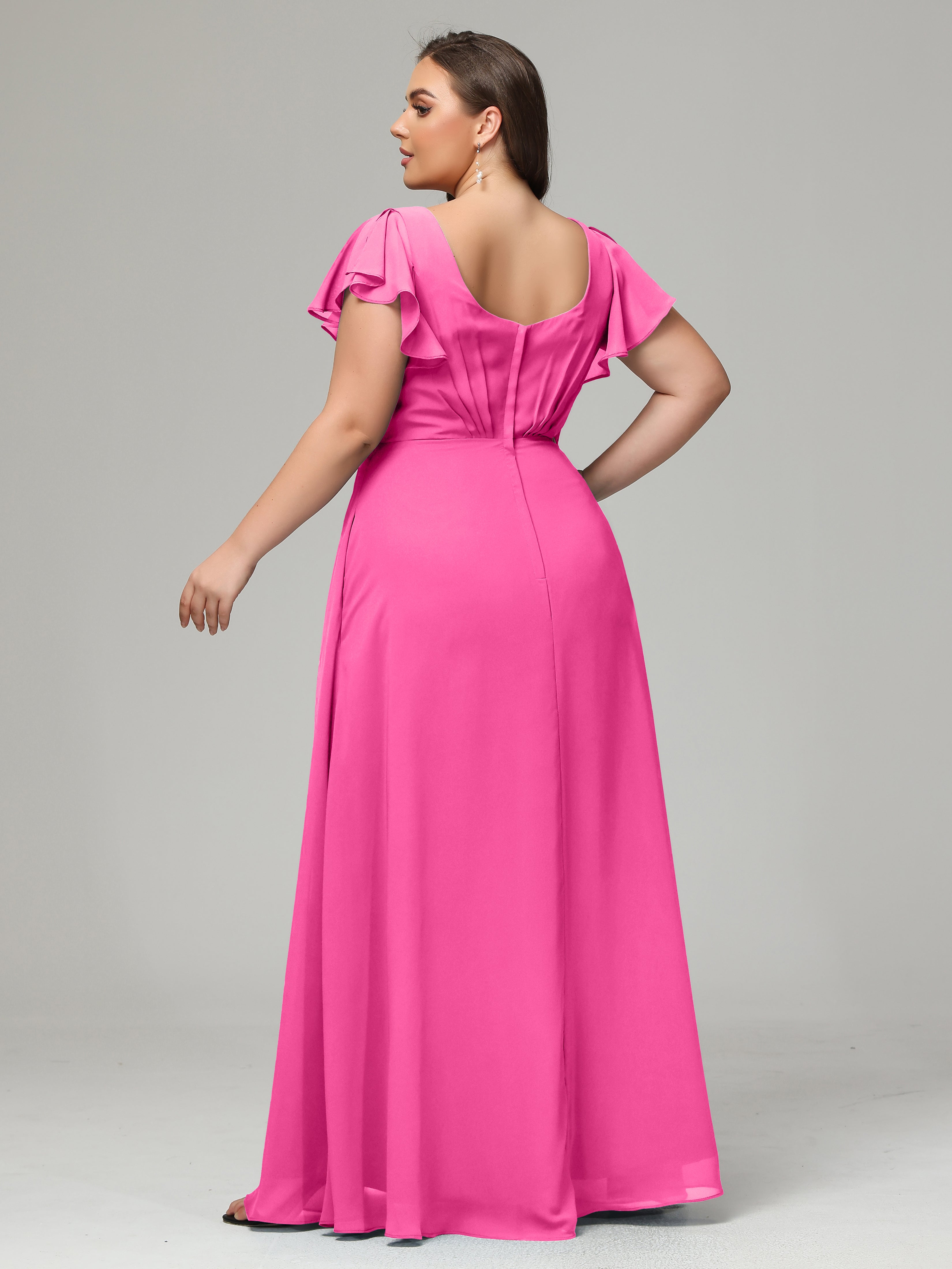 V Neck Chiffon Plus Size Long Bridesmaid Dresses with Sleeves