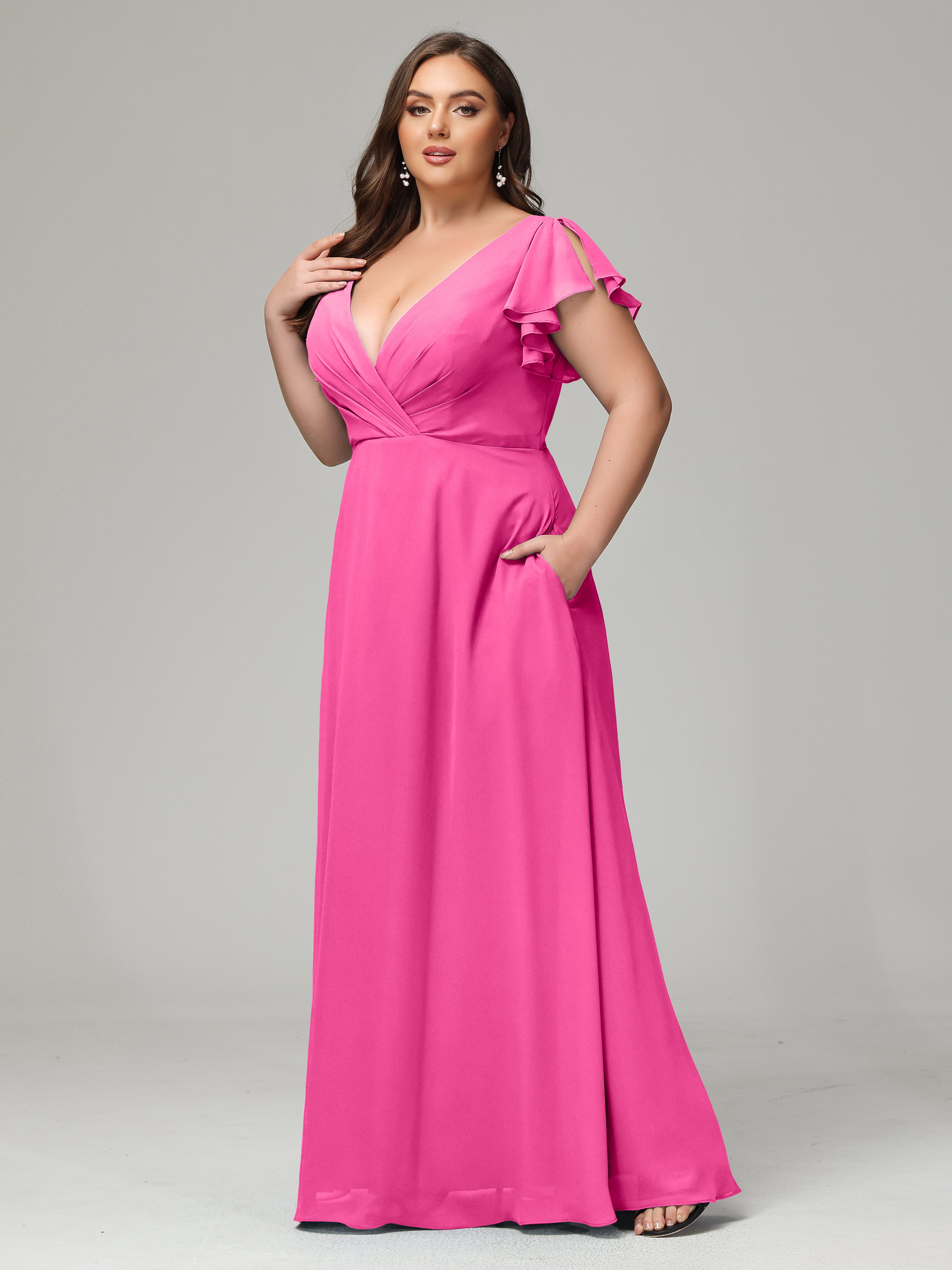 V Neck Chiffon Plus Size Long Bridesmaid Dresses with Sleeves