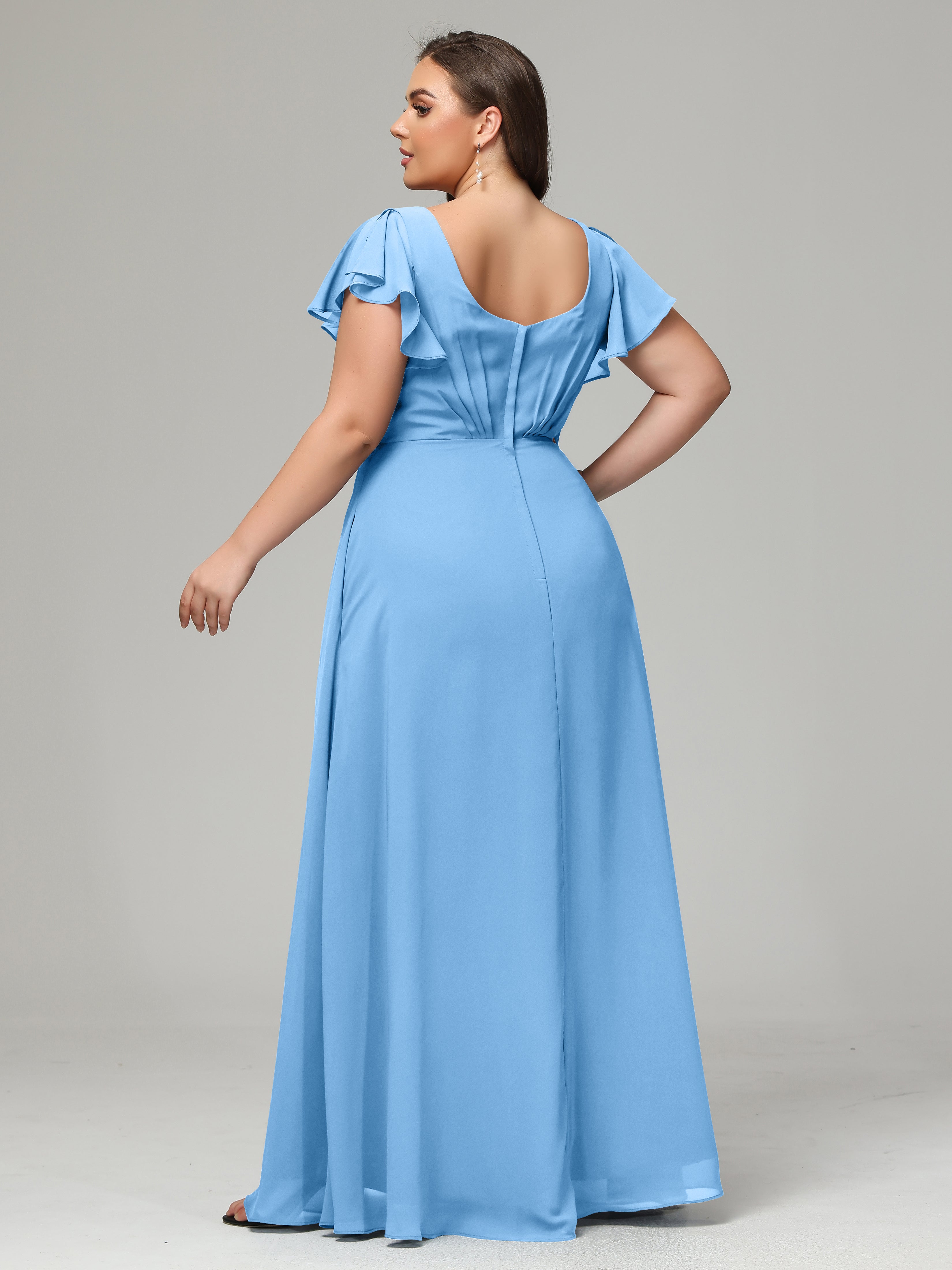 V Neck Chiffon Plus Size Long Bridesmaid Dresses with Sleeves