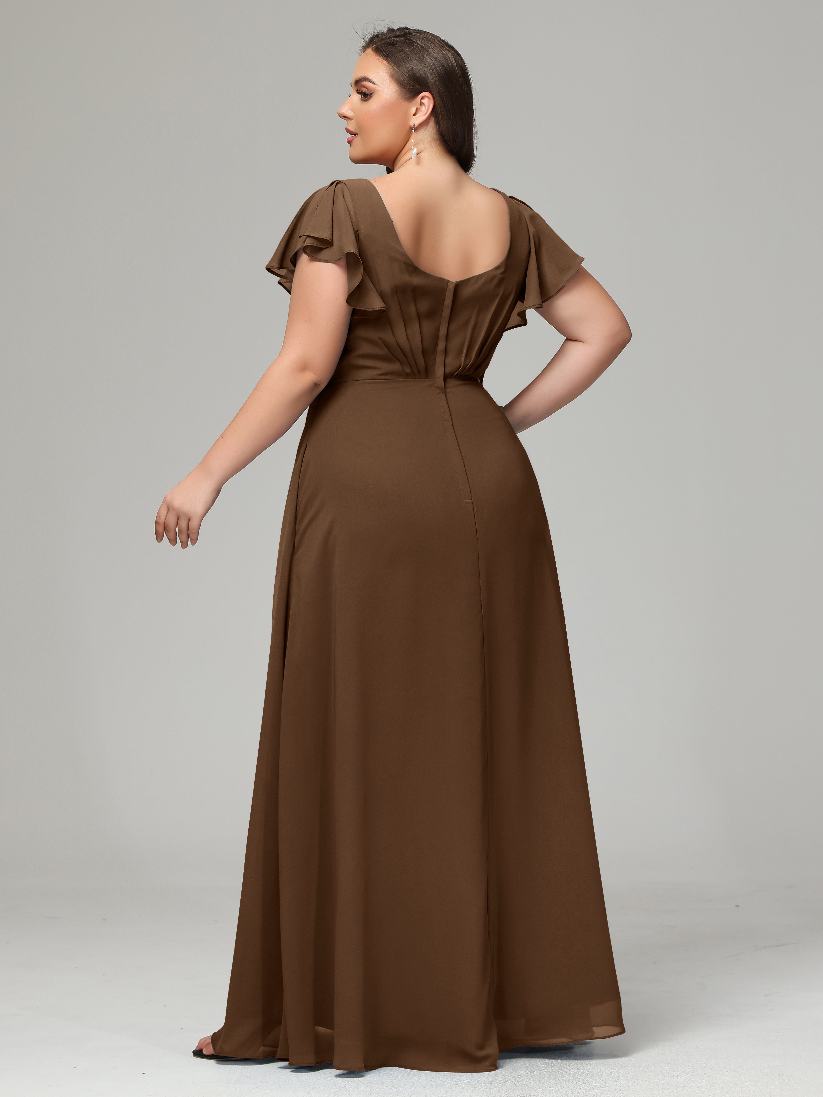 V Neck Chiffon Plus Size Long Bridesmaid Dresses with Sleeves