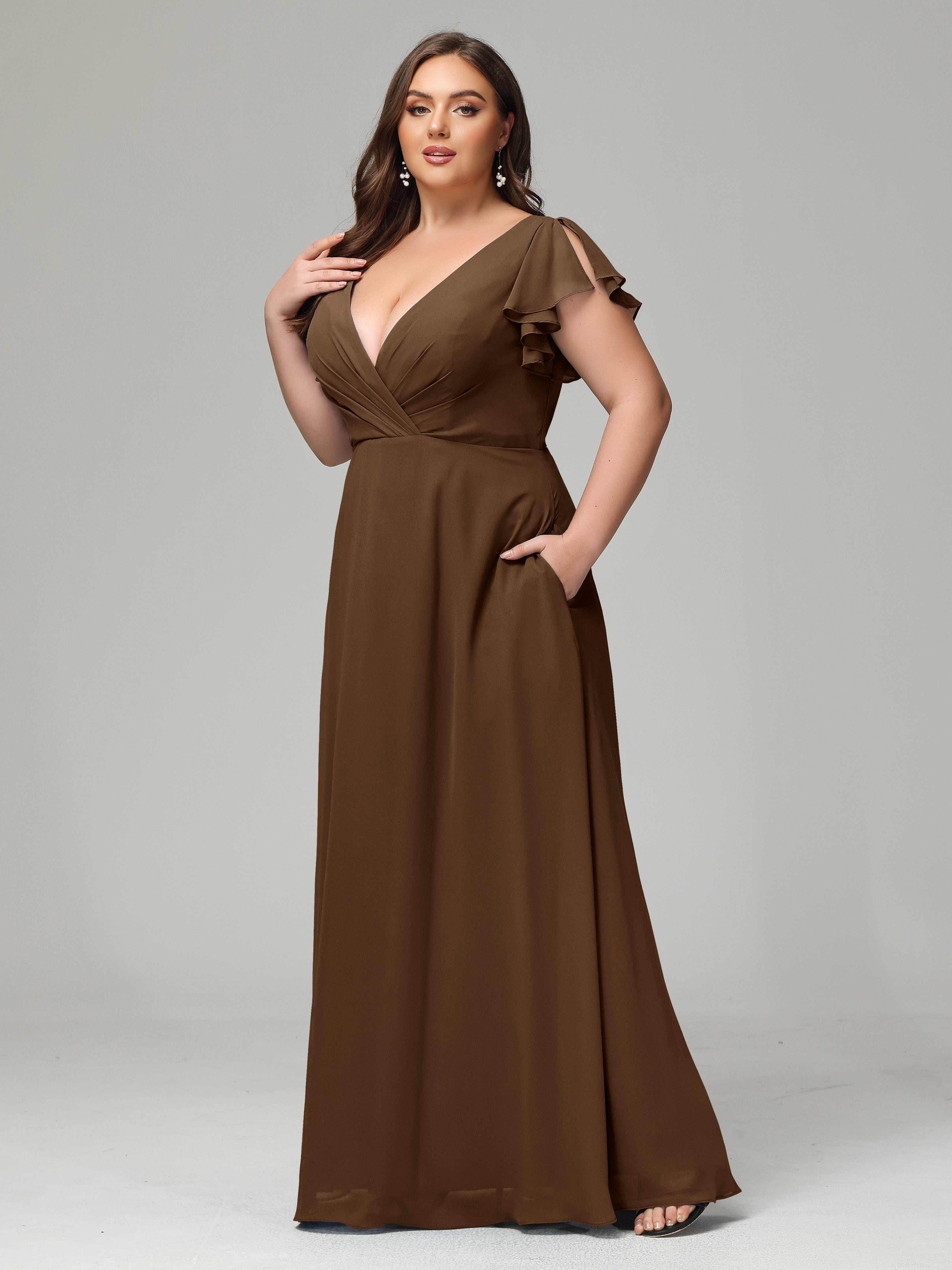 V Neck Chiffon Plus Size Long Bridesmaid Dresses with Sleeves