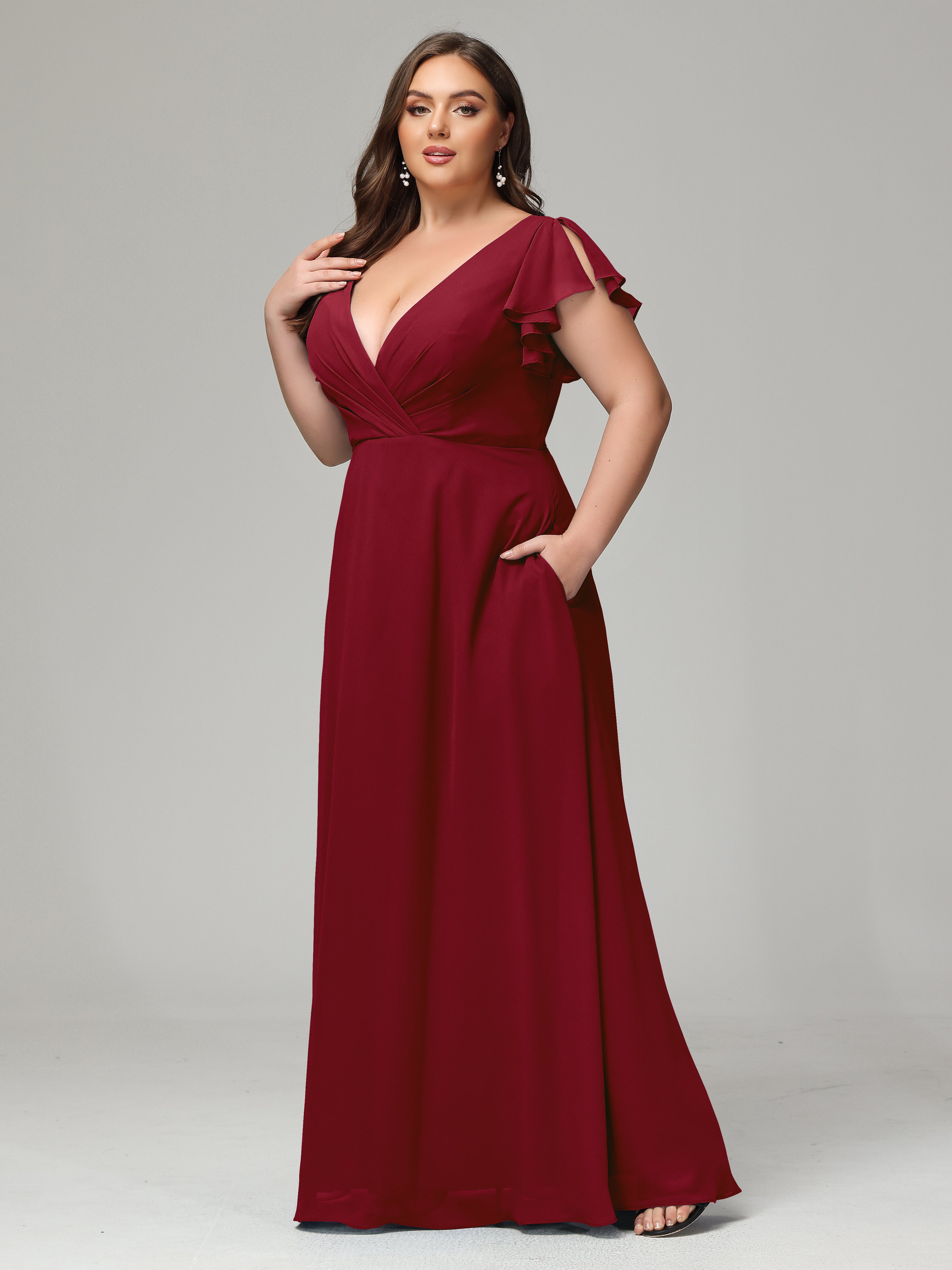 V Neck Chiffon Plus Size Long Bridesmaid Dresses with Sleeves