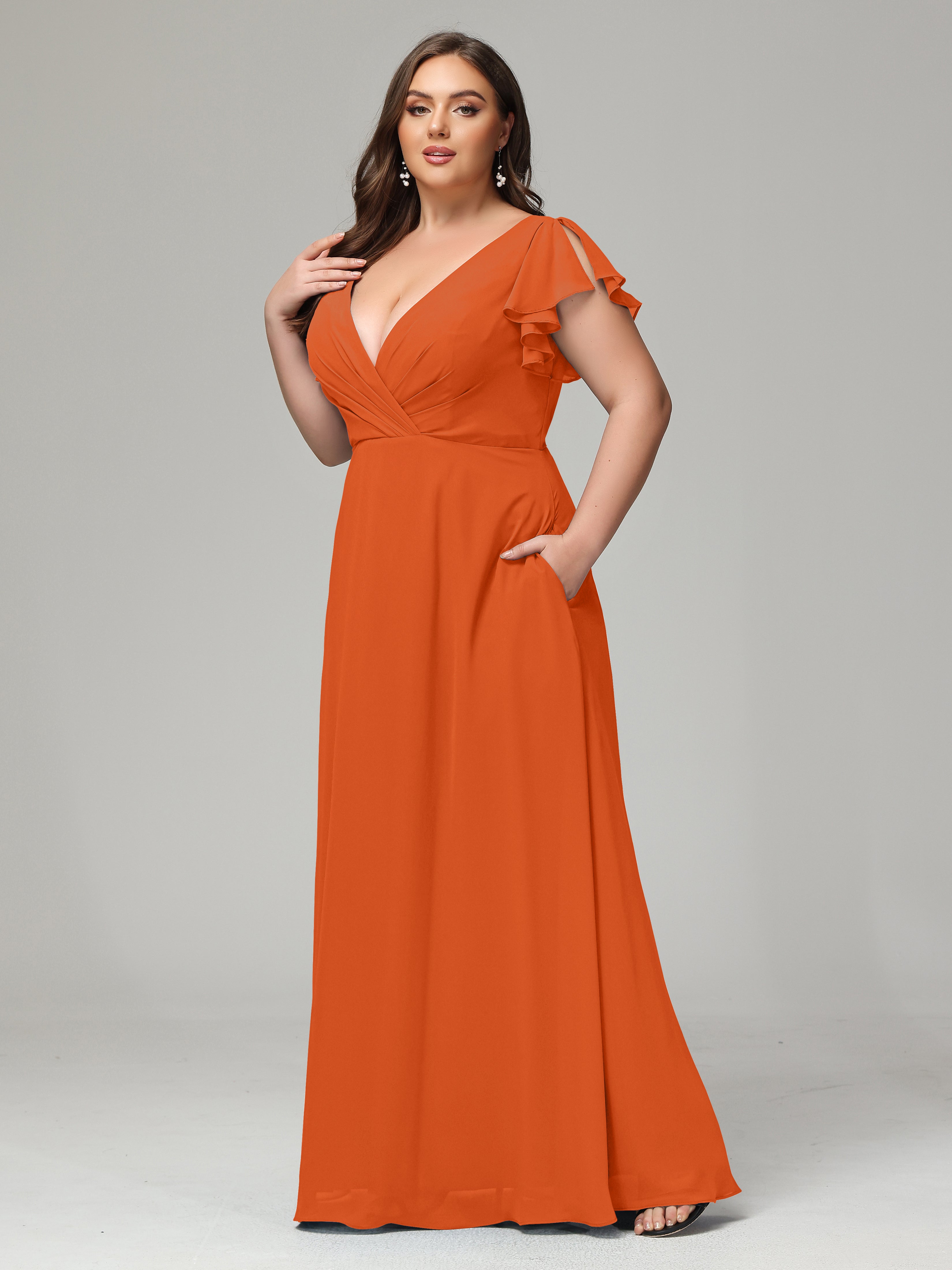 V Neck Chiffon Plus Size Long Bridesmaid Dresses with Sleeves