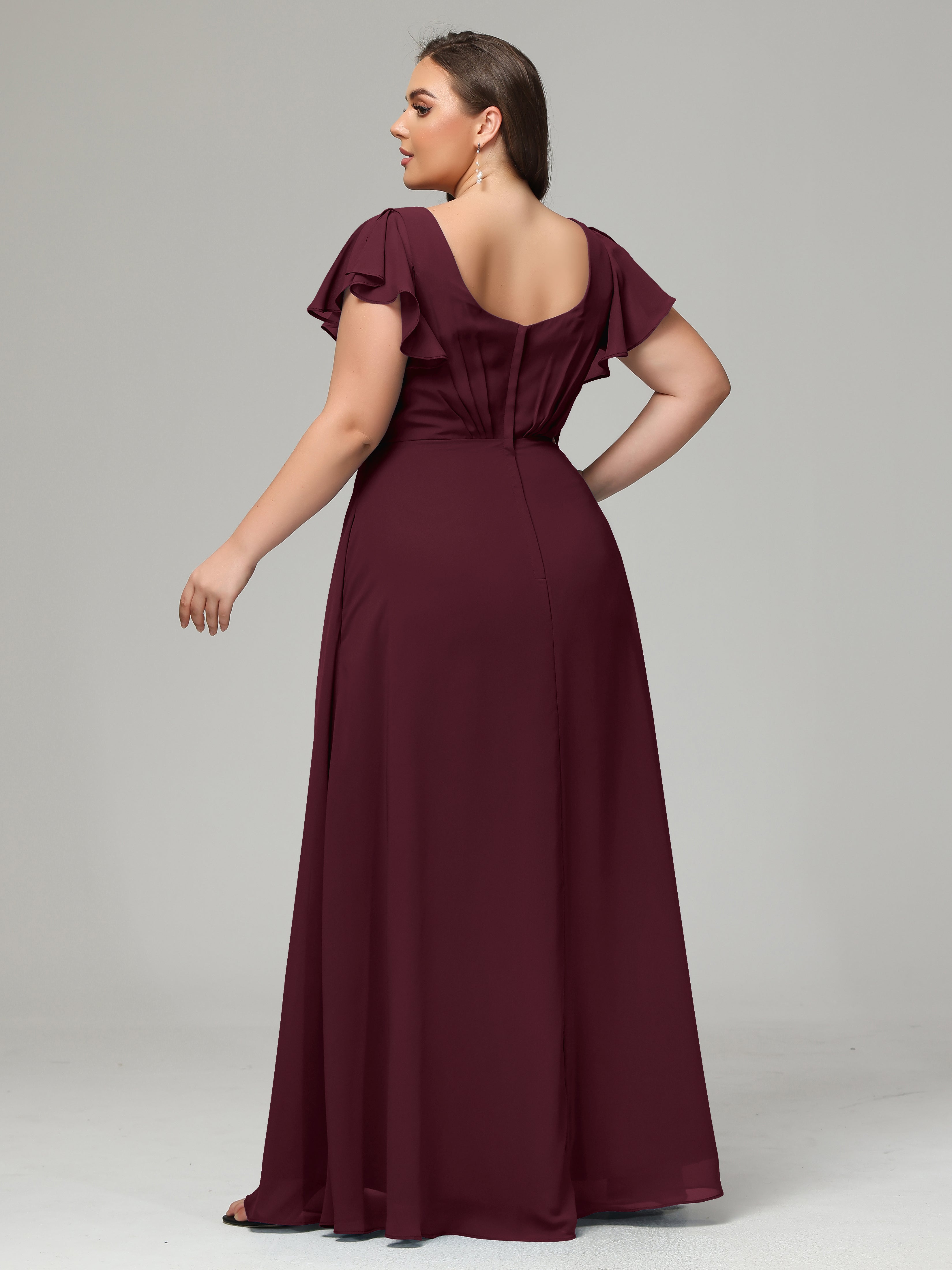 V Neck Chiffon Plus Size Long Bridesmaid Dresses with Sleeves