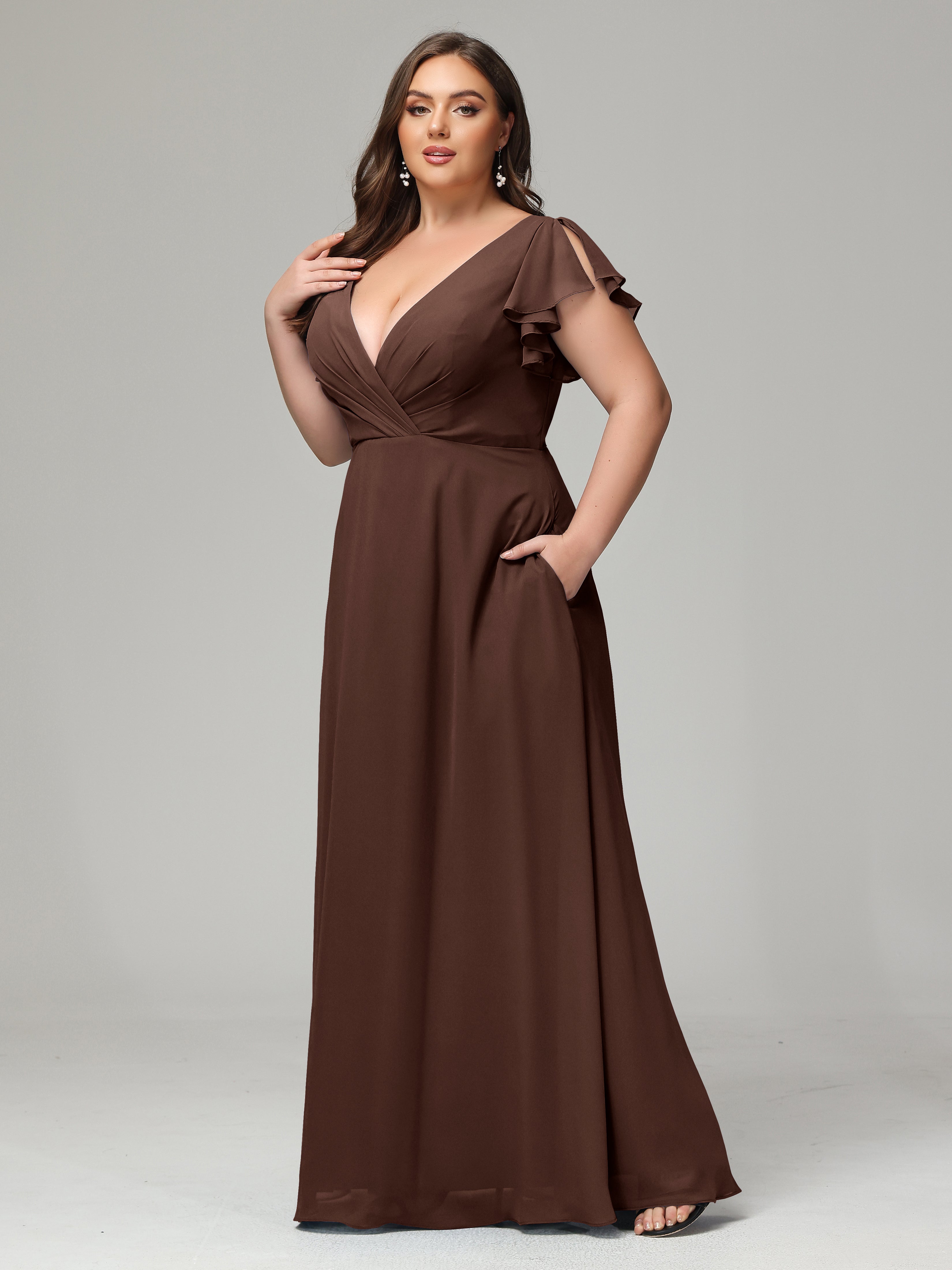 V Neck Chiffon Plus Size Long Bridesmaid Dresses with Sleeves