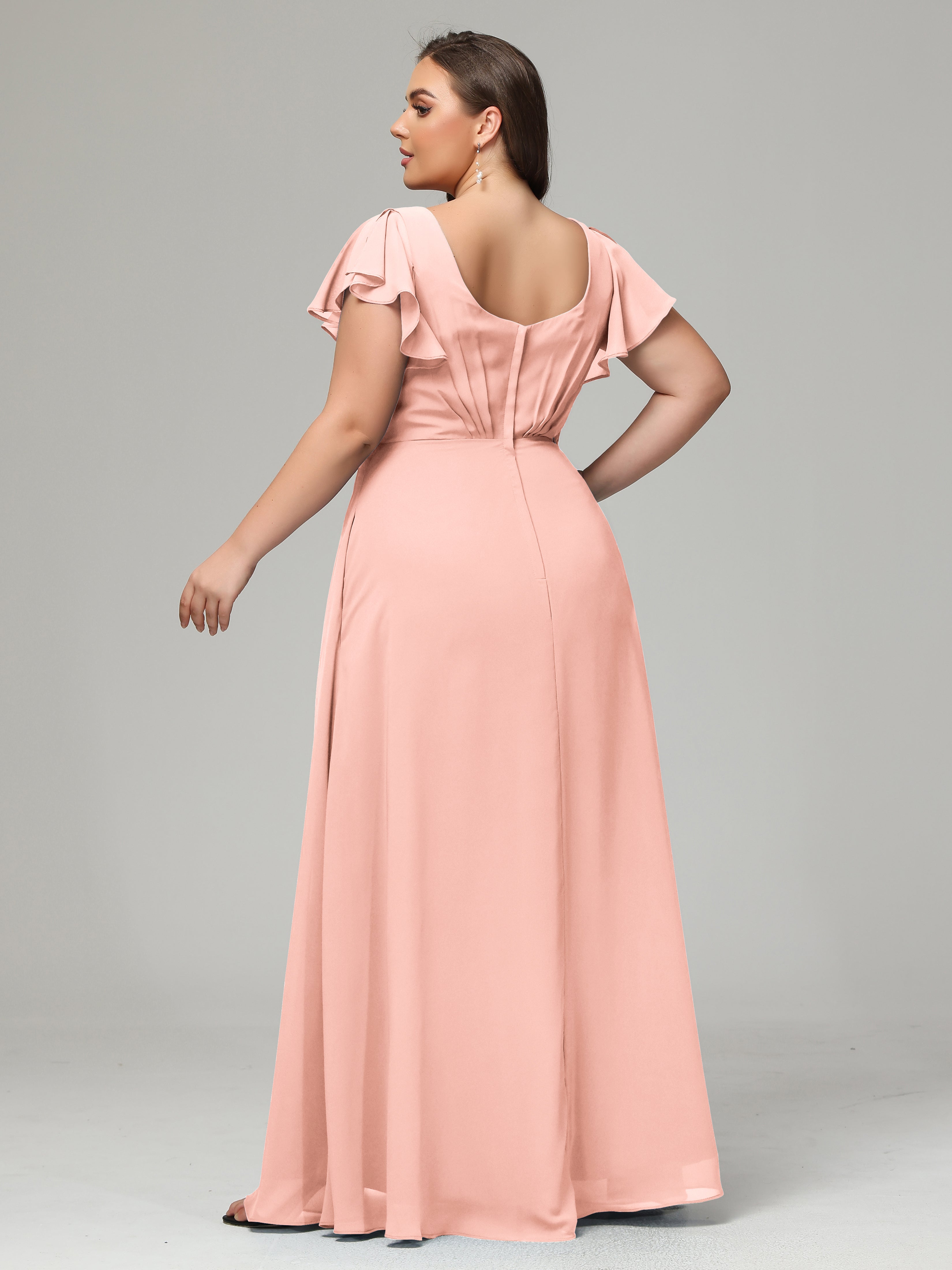 V Neck Chiffon Plus Size Long Bridesmaid Dresses with Sleeves